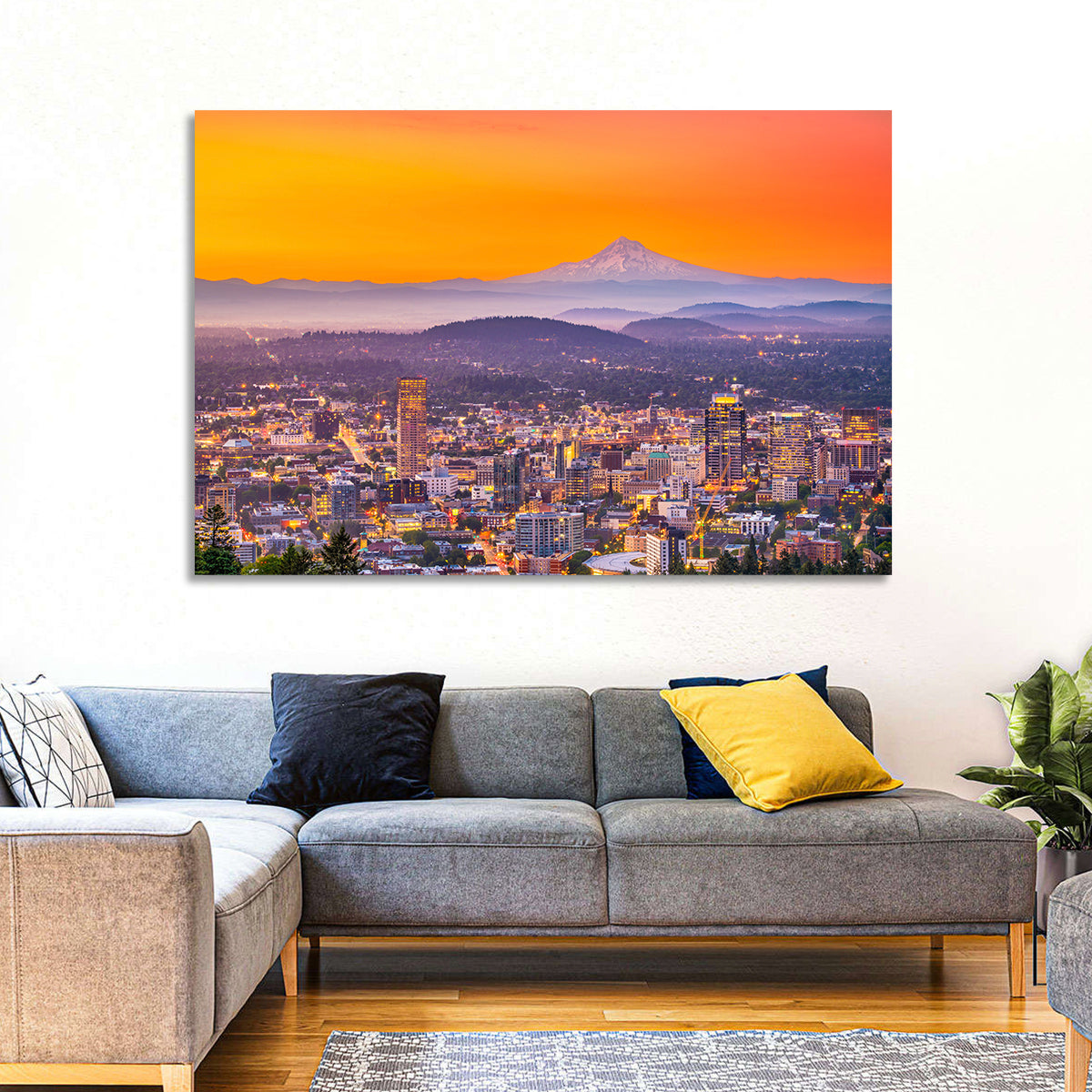 Mount Hood Over Portland Skyline Wall Art in a room, landscape