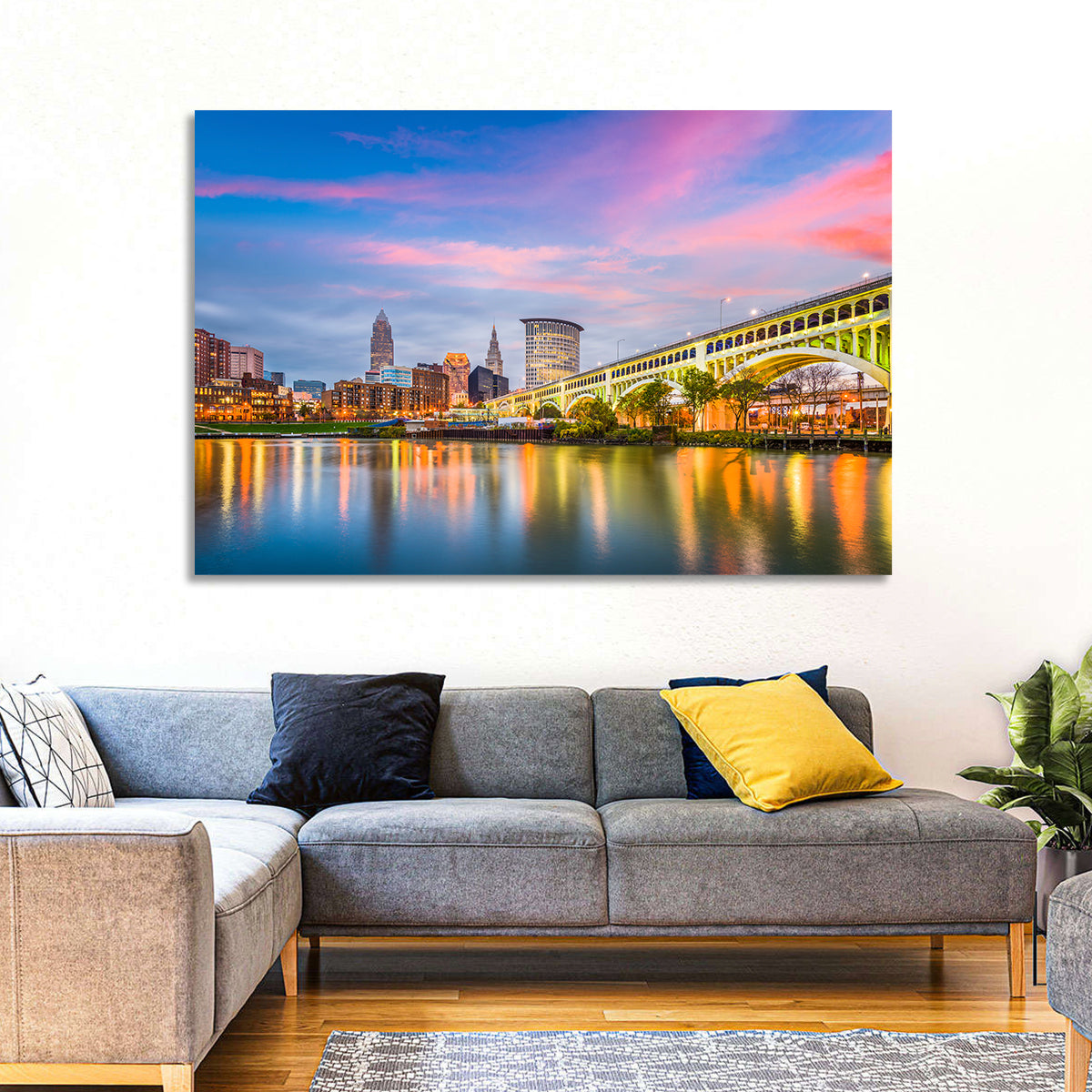 Cleveland Skyline at Dusk Wall Art in a room, landscape