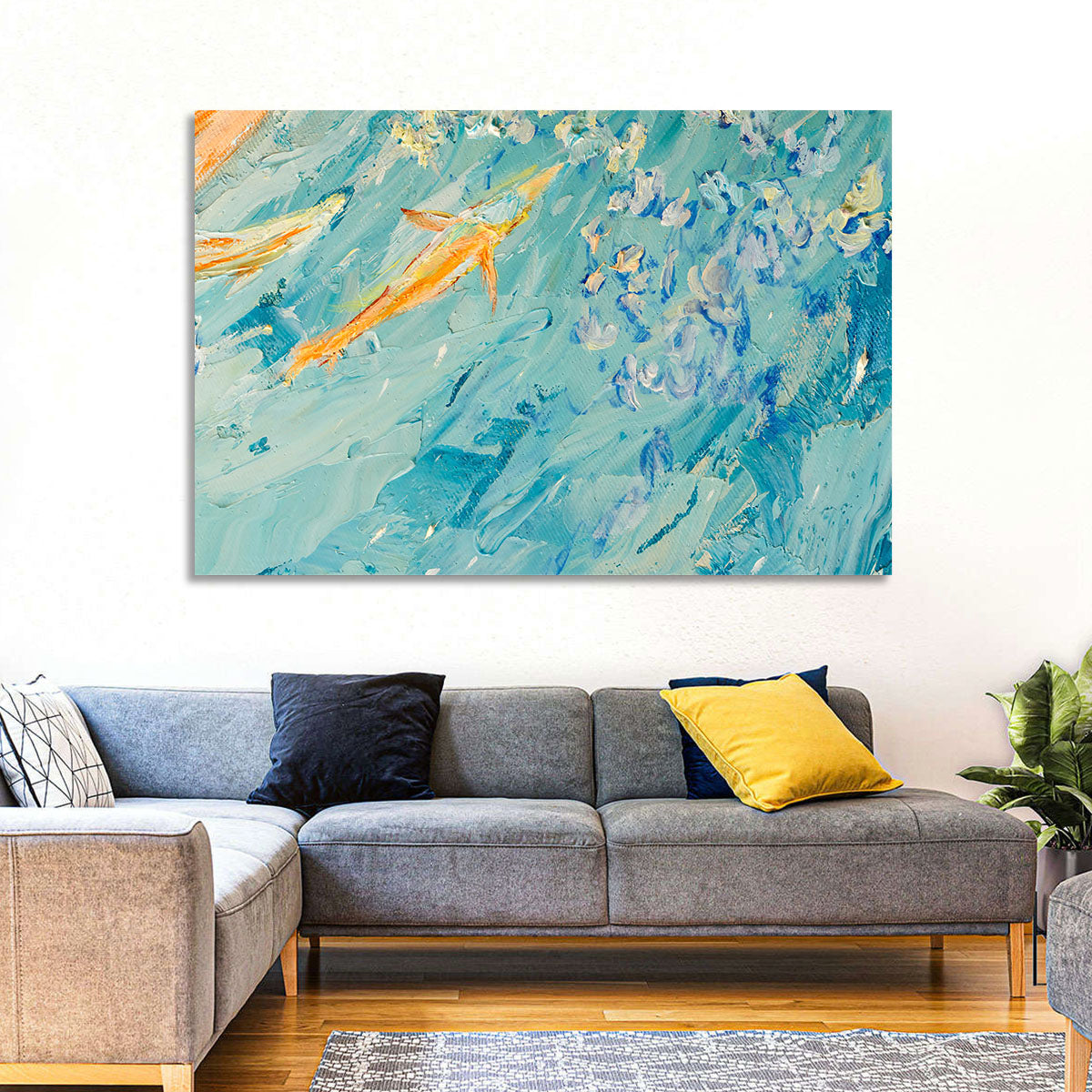 Koi in Blue Abstract Wall Art in a room, landscape