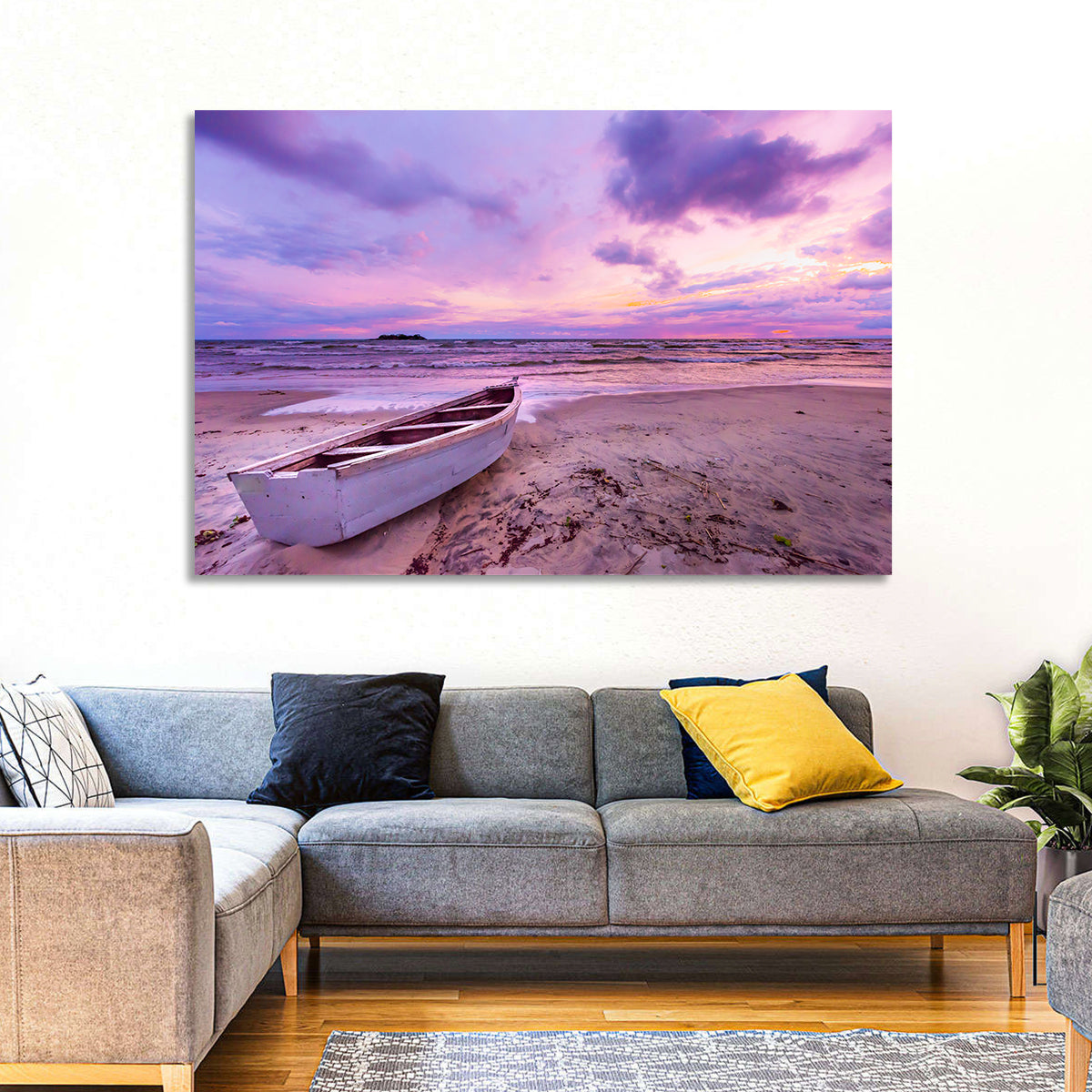 Boat at Lake Malawi Sunset Wall Art in a room, landscape