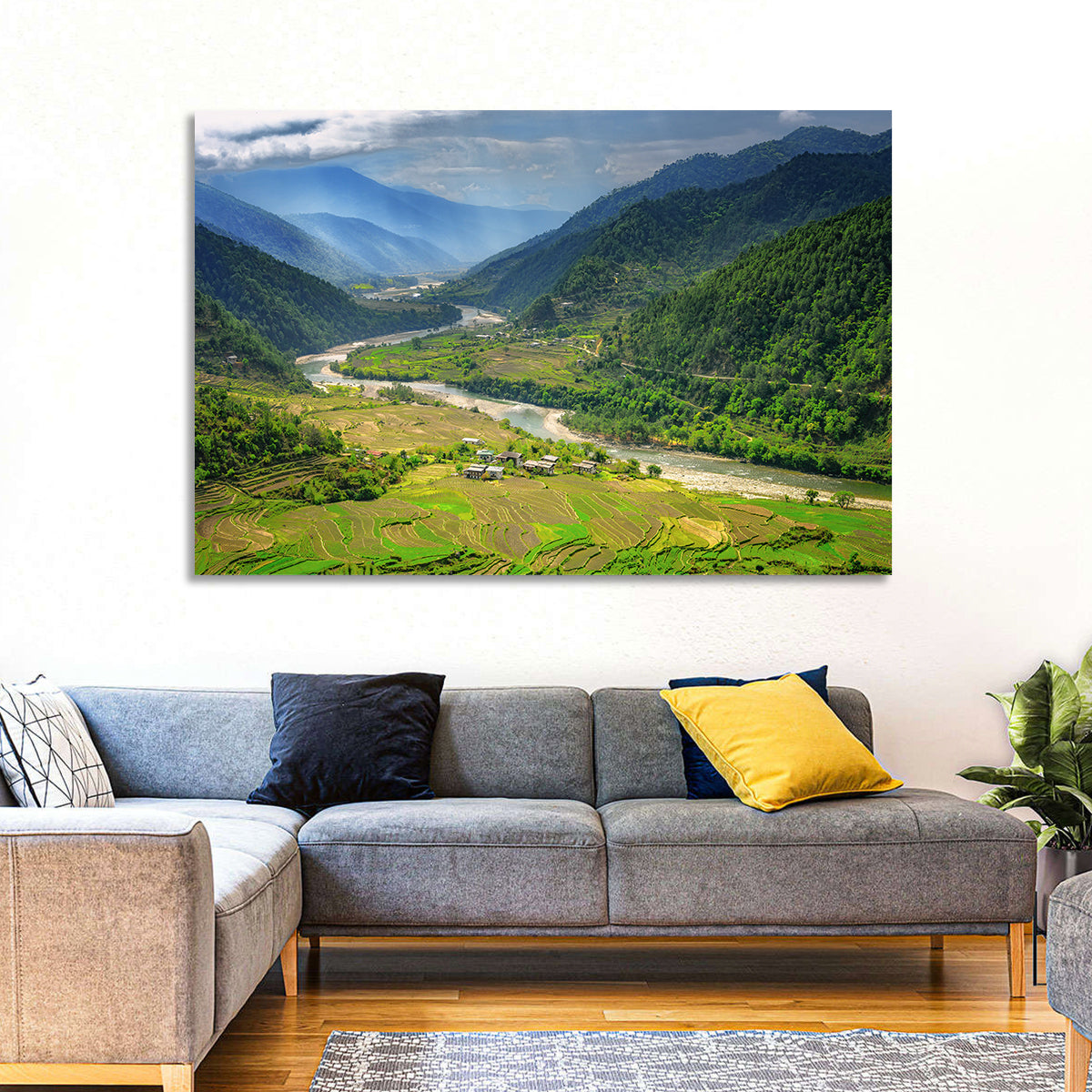 Punakha River Valley with Terraced Rice Fields Wall Art