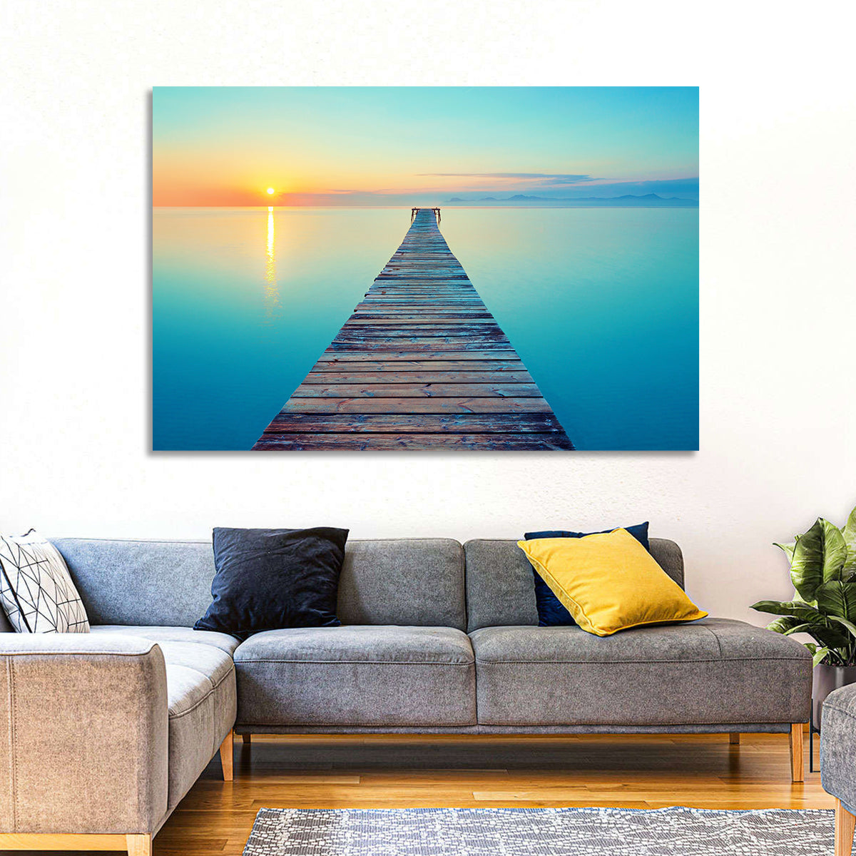 Wooden Footbridge at Sunset Wall Art in a room, landscape