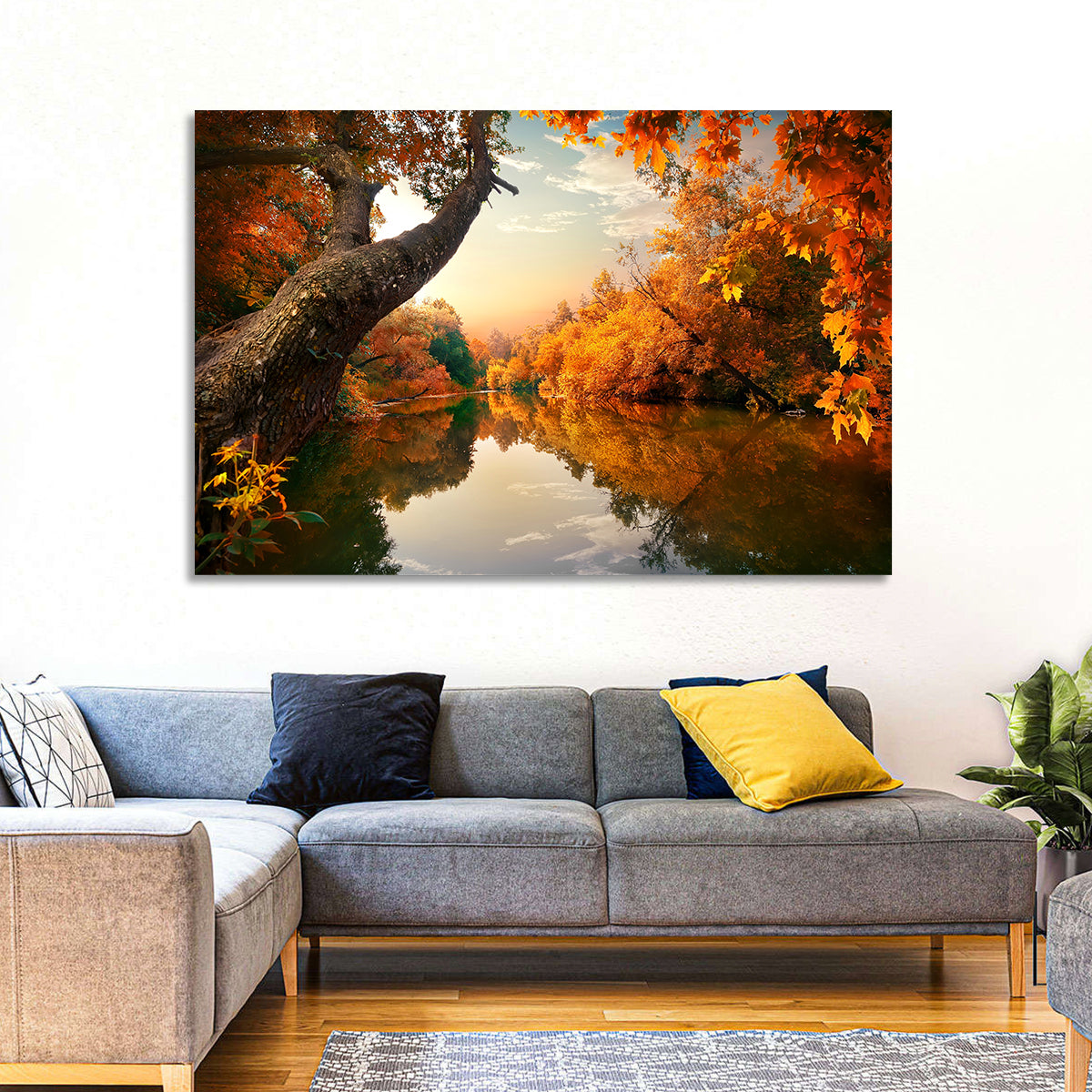 Golden Autumn River Reflections Wall Art in a room, landscape