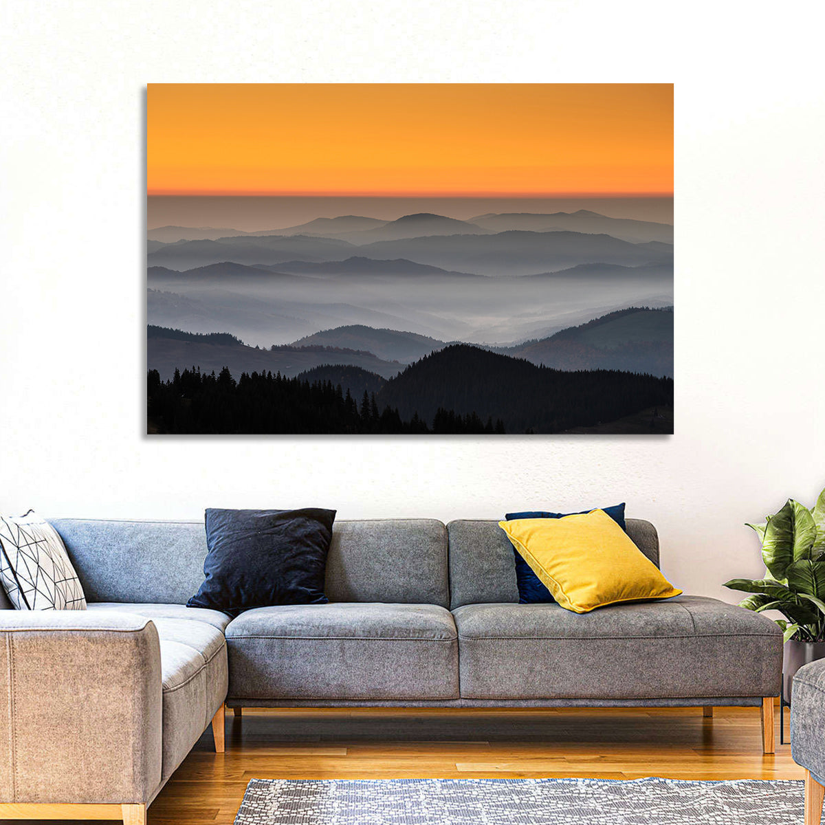 Rarau Mountains Sunrise Wall Art in a room, landscape