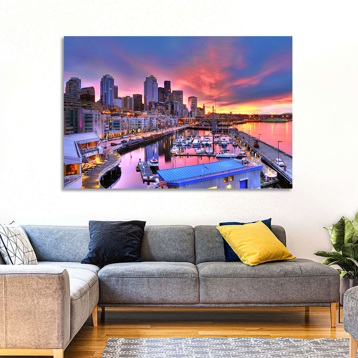 Seattle Skyline at Sunset Wall Art in a room, landscape