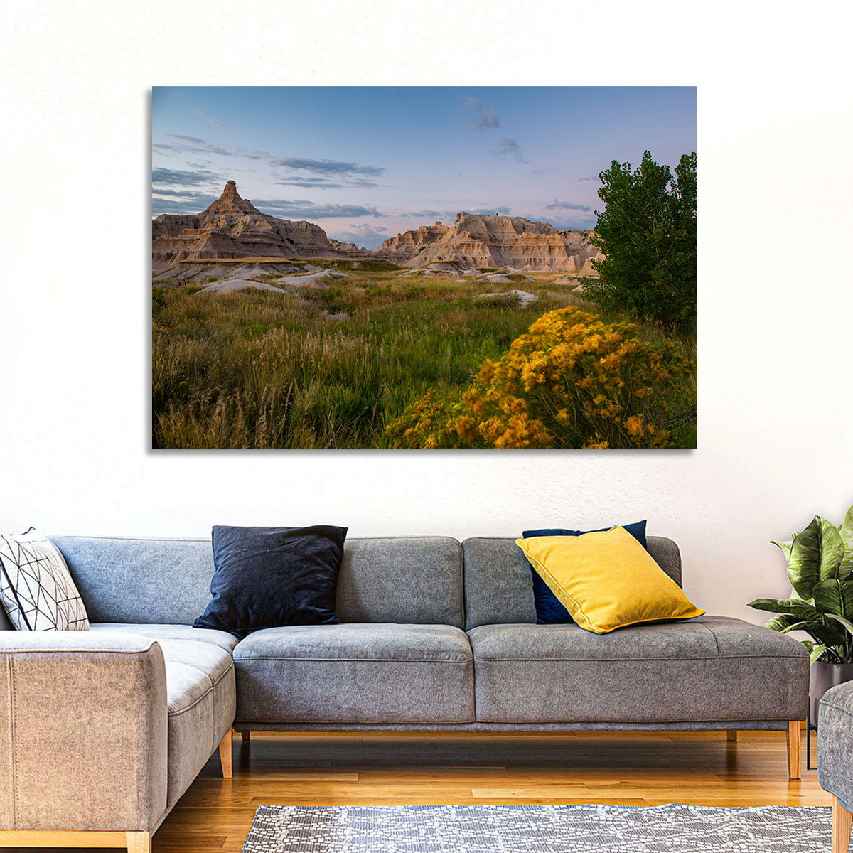 Badlands Golden Hour Meadow Wall Art in a room, landscape