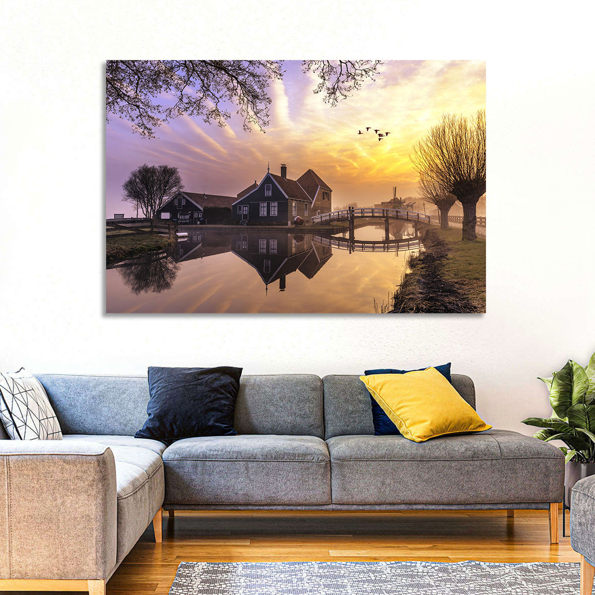 Dutch Canal House at Sunset Wall Art in a room, landscape