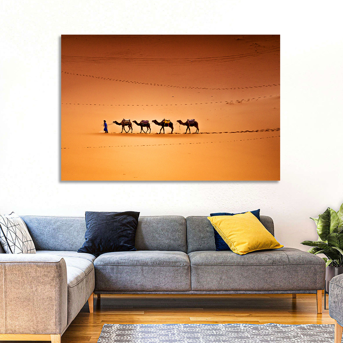 Sahara Camel Caravan Wall Art in a room, landscape