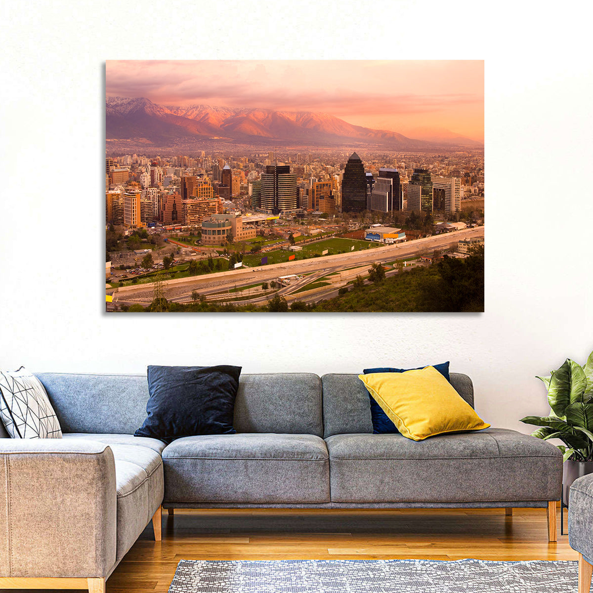 Santiago Skyline at Sunset Wall Art in a room, landscape