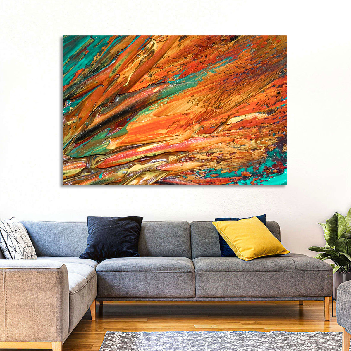 Flowing River Abstract in Orange and Teal Wall Art in a room, landscape