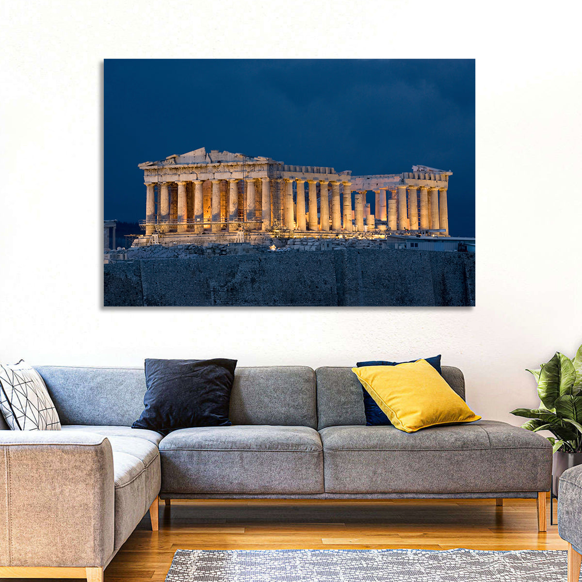 Illuminated Parthenon at Night Wall Art in a room, landscape