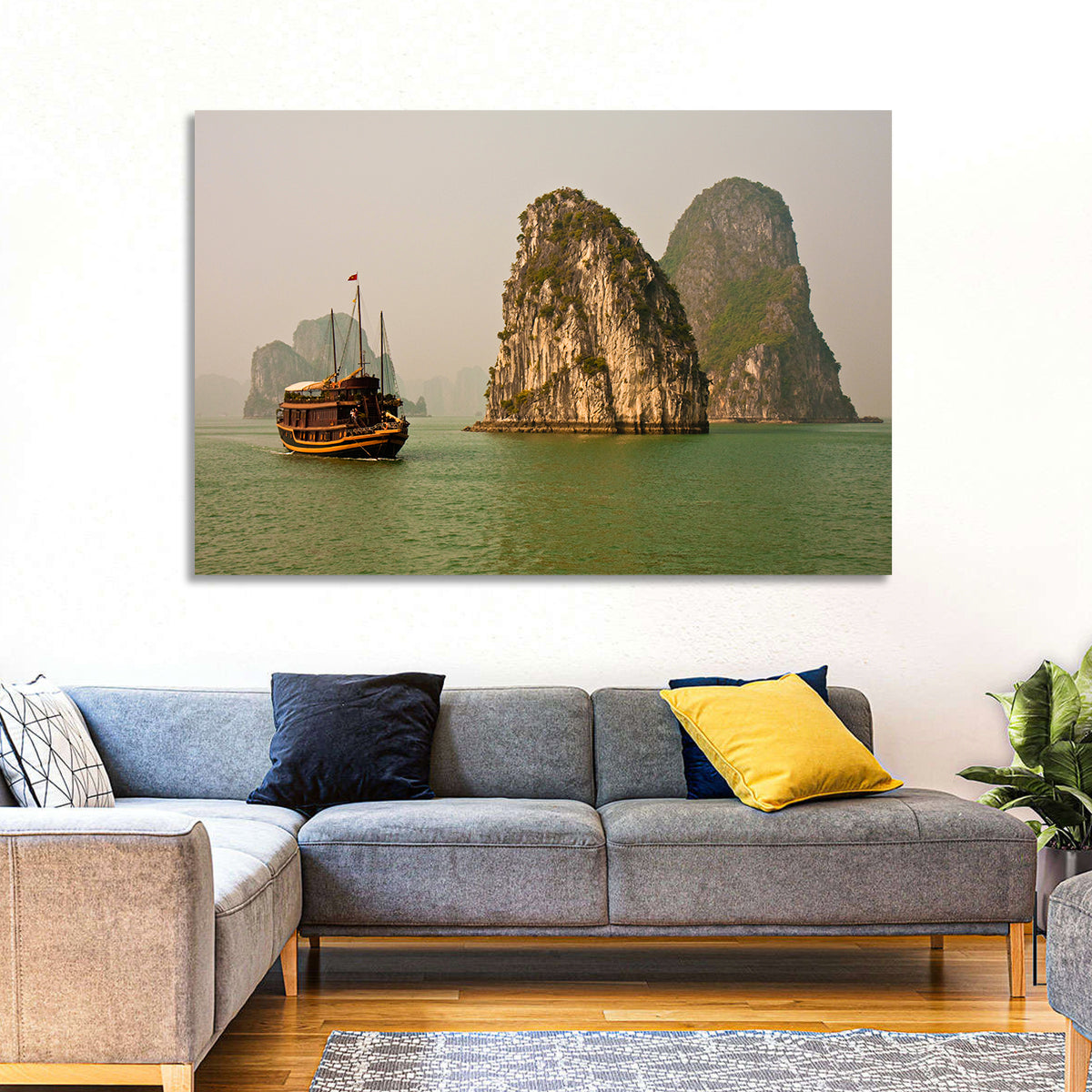 Ha Long Bay Junk Boat and Karst Cliffs Wall Art in a room, landscape