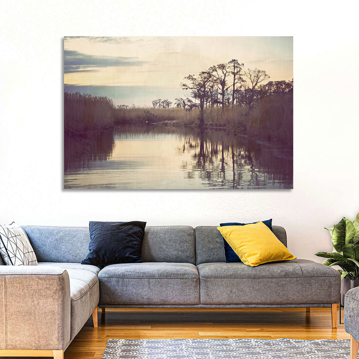 Louisiana Cypress Swamp at Dusk Wall Art in a room, landscape