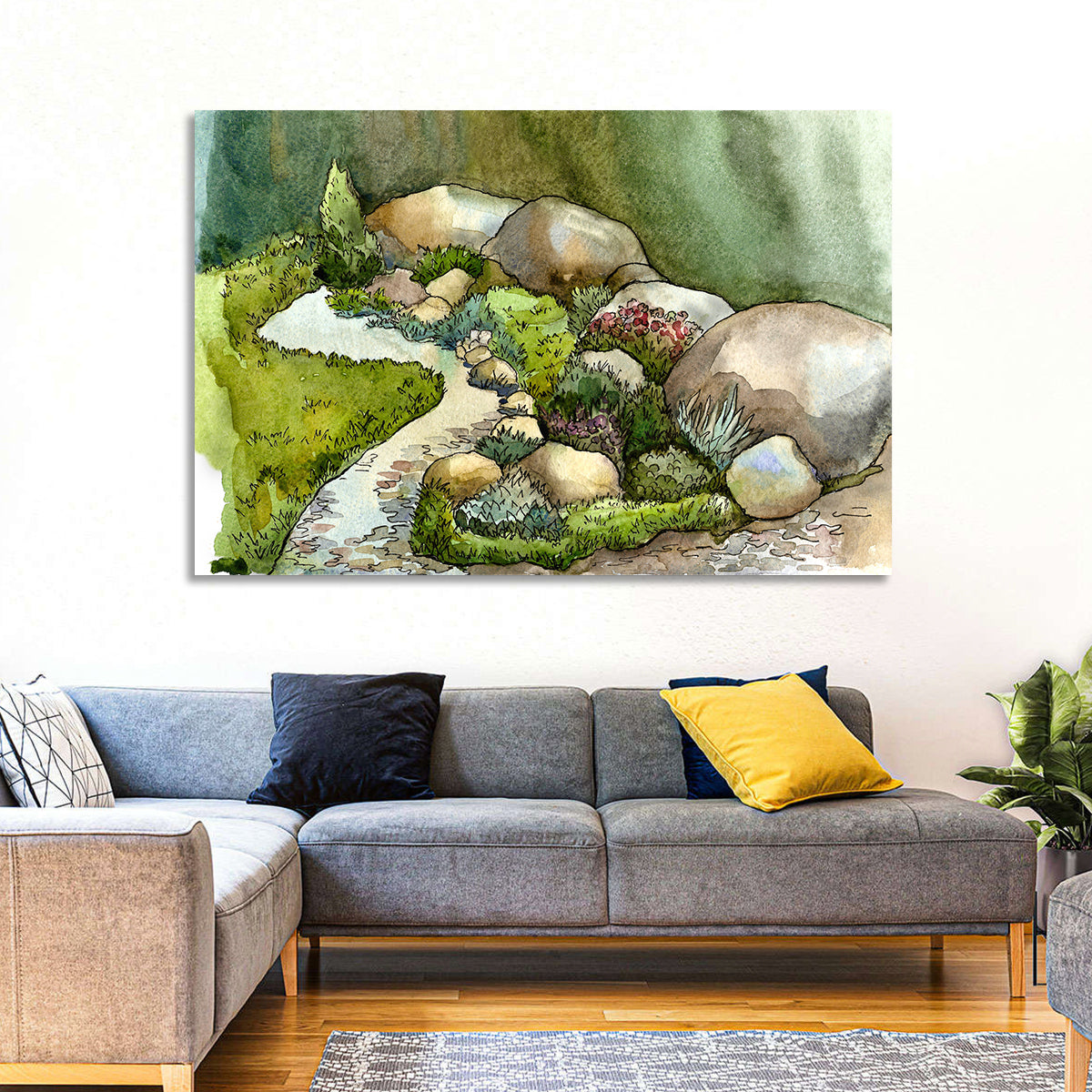 Watercolor Rock Garden Stream Wall Art in a room, landscape