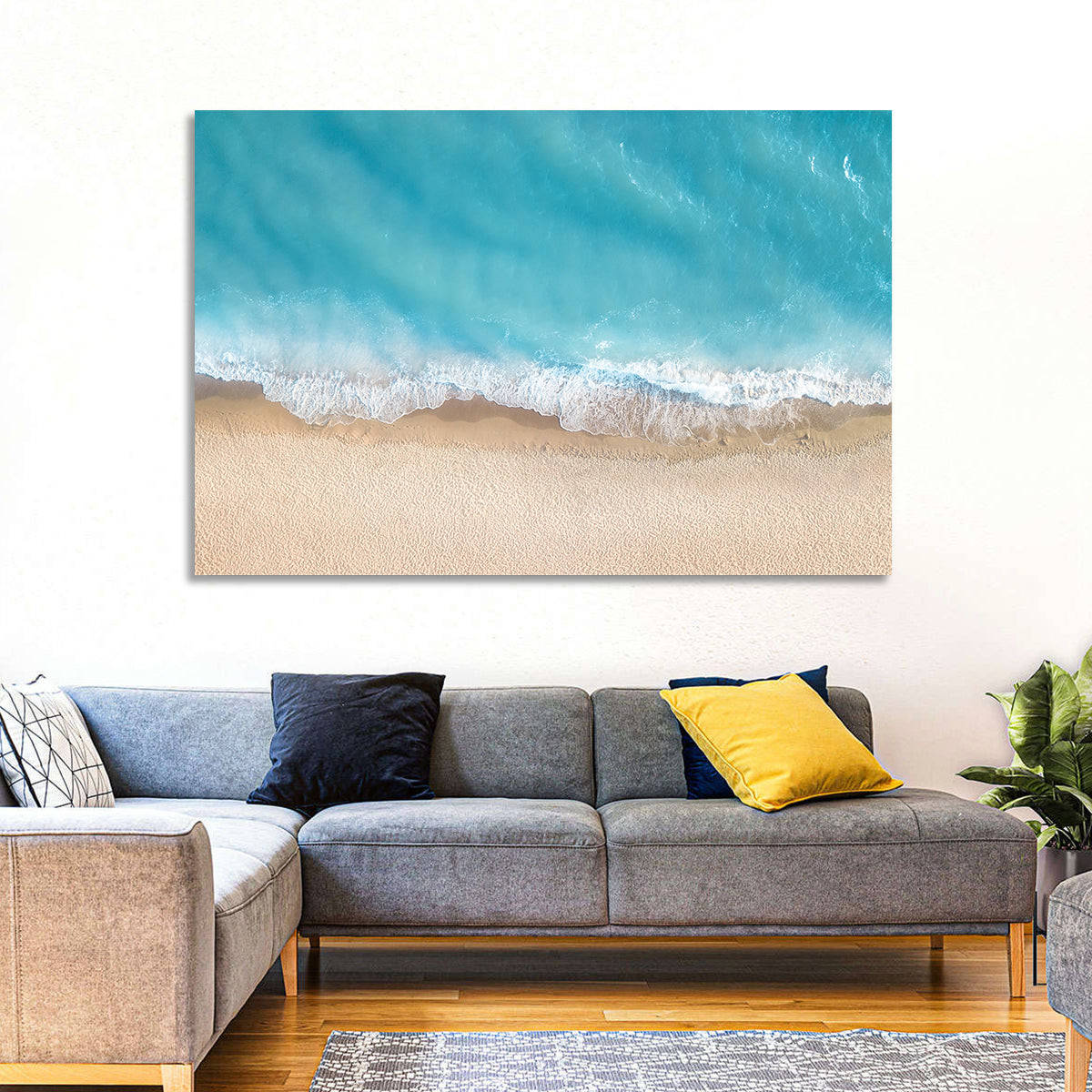 Top-down Turquoise Beachscape Wall Art in a room, landscape