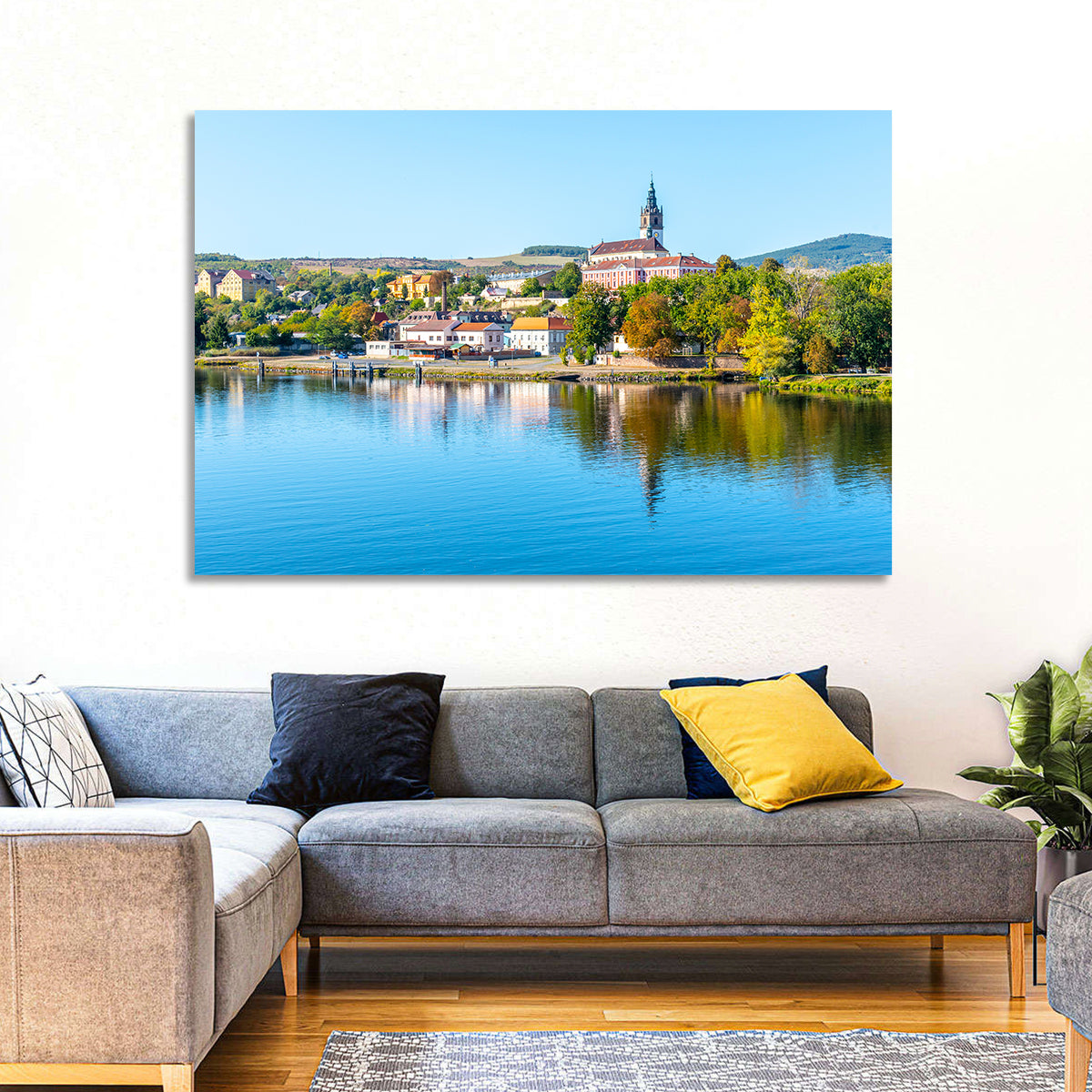 Roudnice Castle Riverbank Reflections Wall Art in a room, landscape