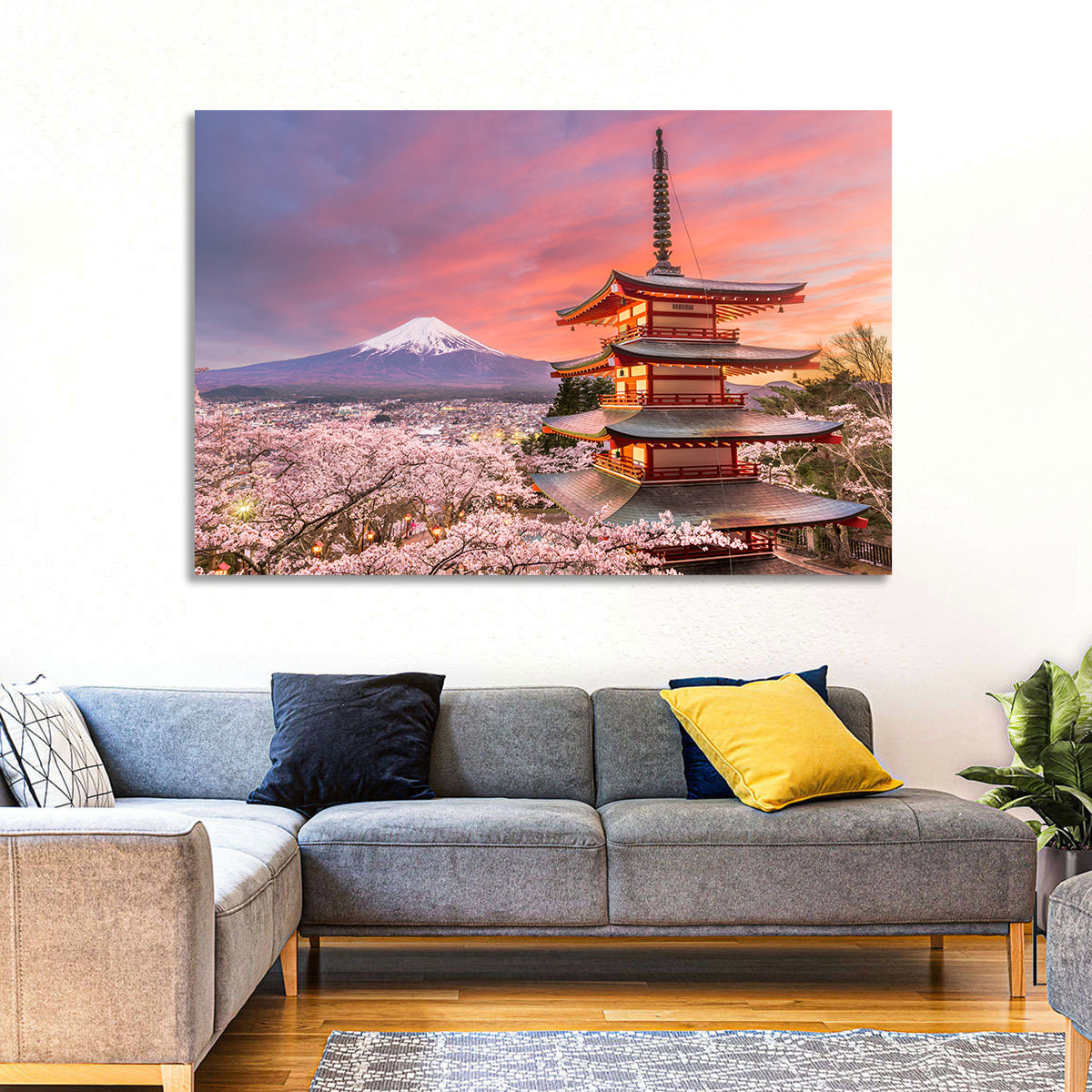 Chureito Pagoda and Mount Fuji at Sunset Wall Art in a room, landscape