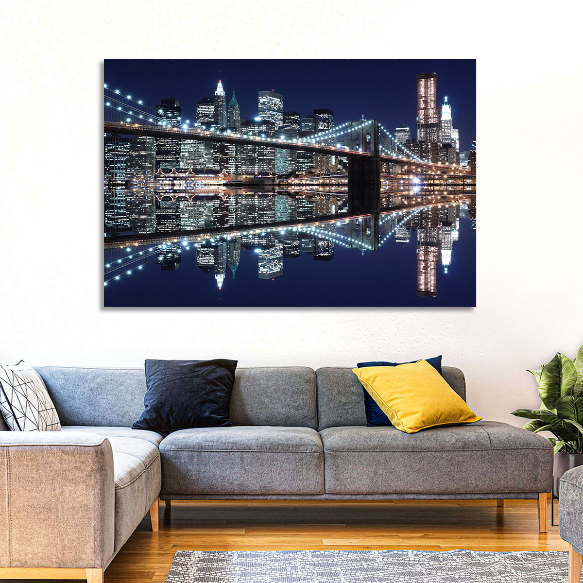 Brooklyn Bridge Symphony at Night Wall Art in a room, landscape