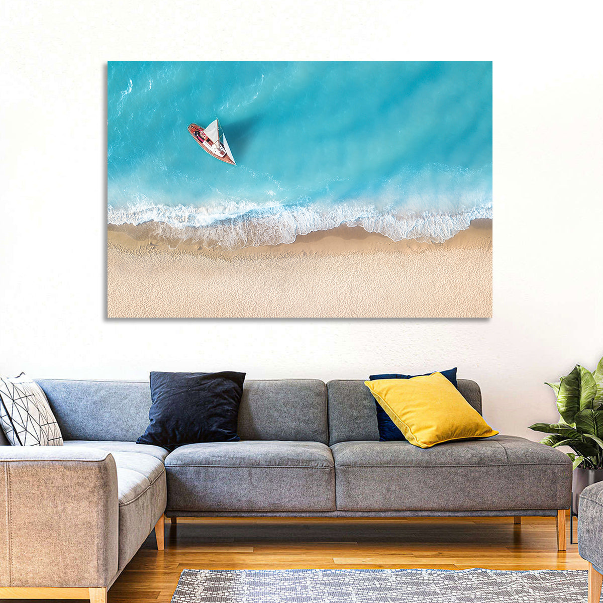 Centered Sailboat Over Turquoise Sea Wall Art in a room, landscape