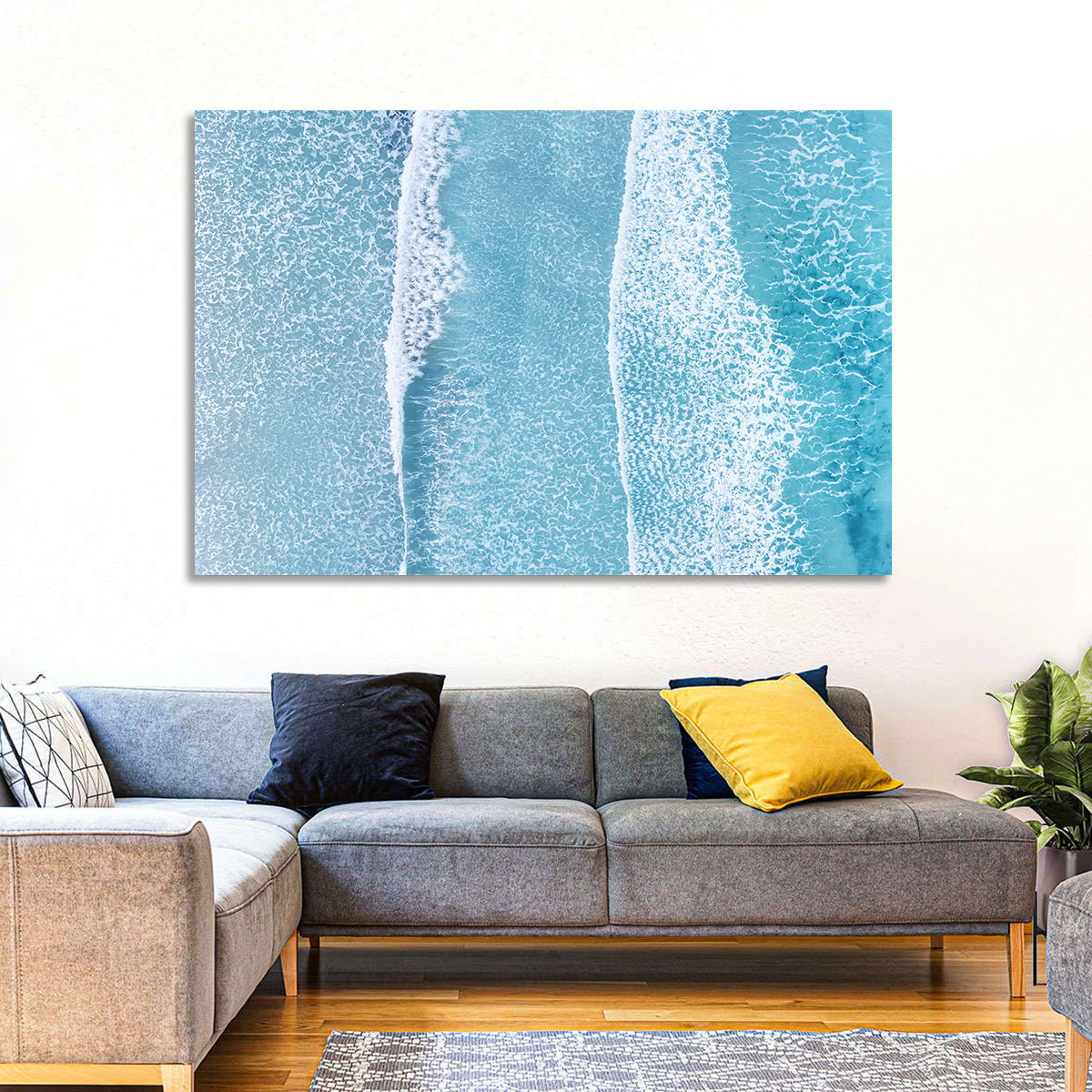 Twin Breaking Waves Over Turquoise Sea Wall Art in a room, landscape