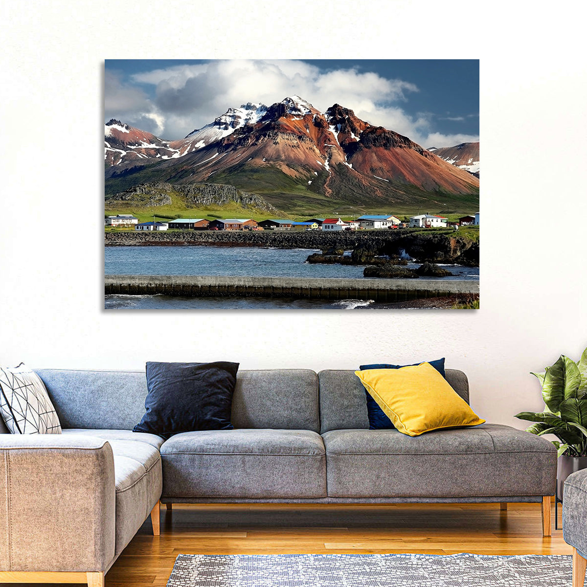 East Fjords Harbor Village Wall Art in a room, landscape