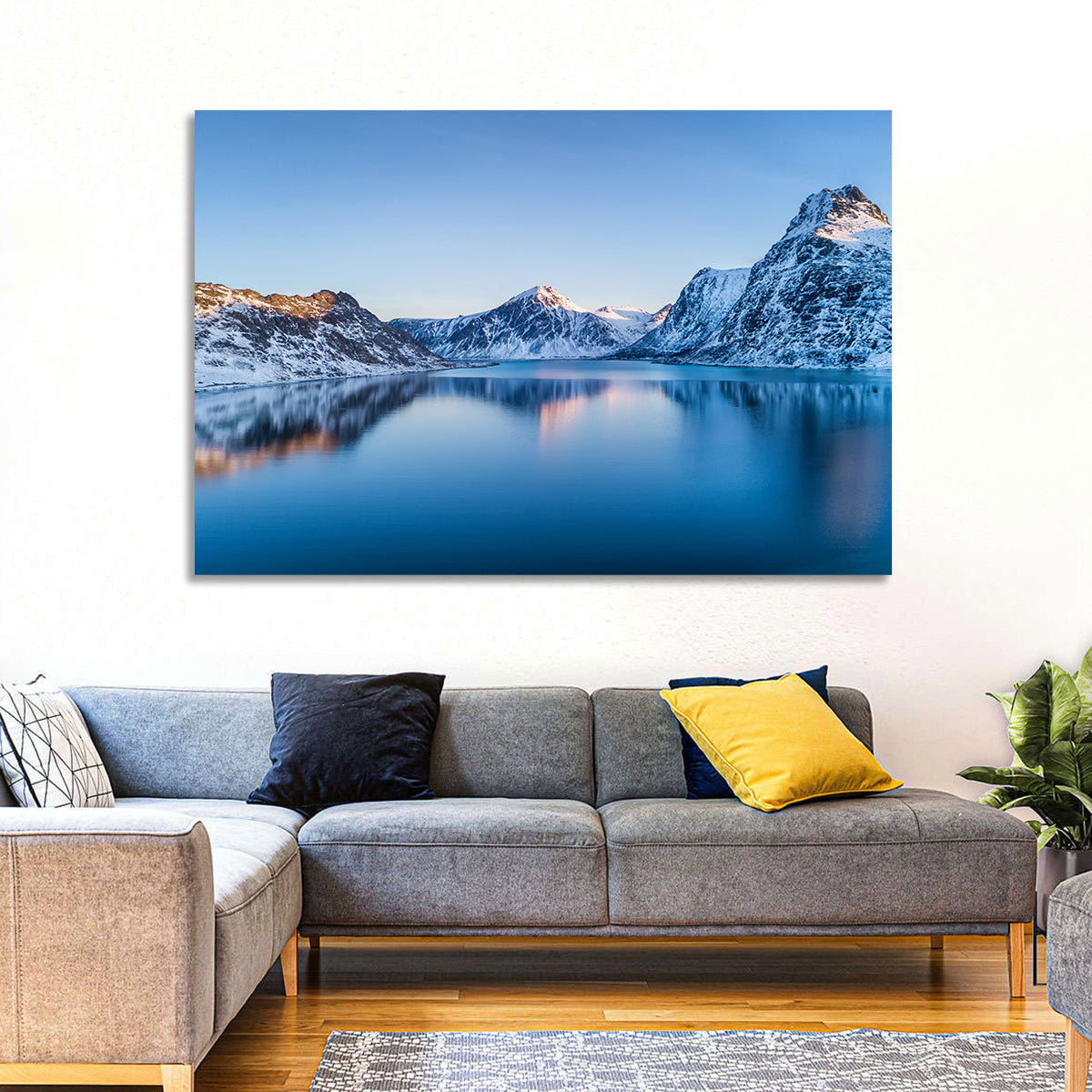 Snowy Lofoten Reflection Wall Art in a room, landscape