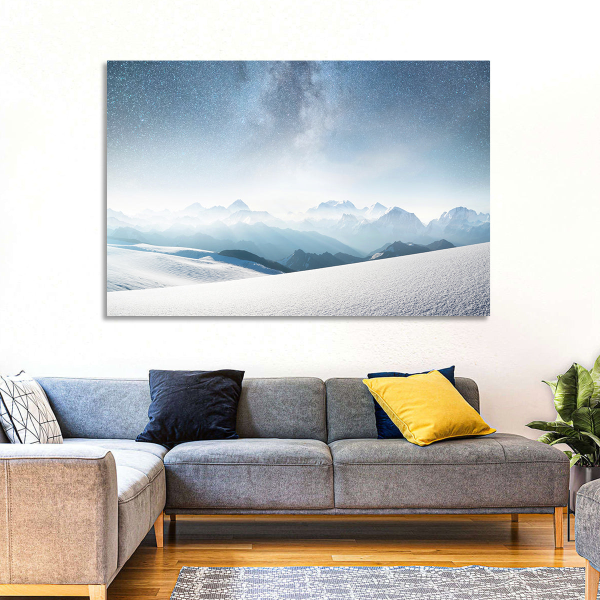 Starry Milky Way Over Snowy Peaks Wall Art in a room, landscape