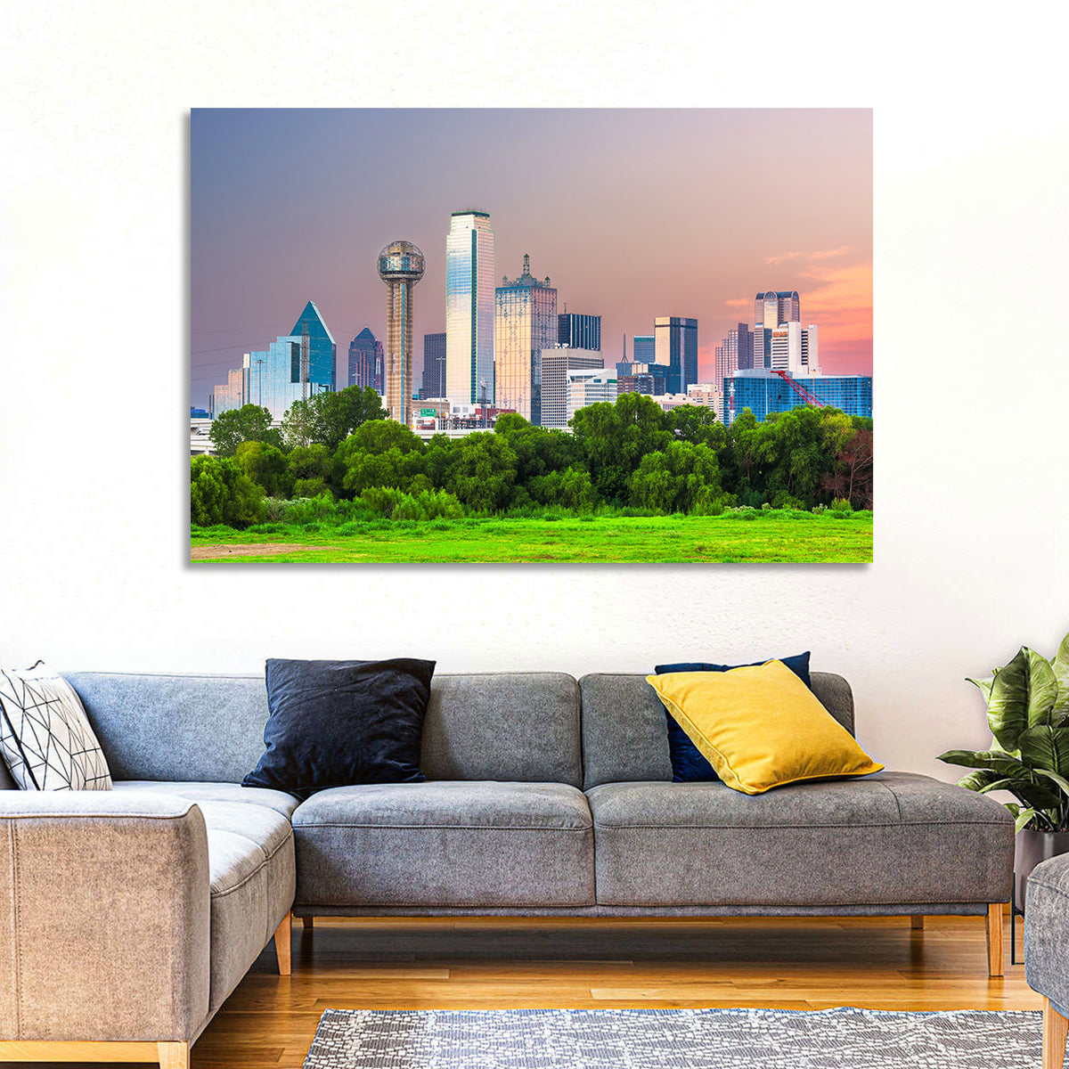 Dallas Golden Hour Skyline Wall Art in a room, landscape