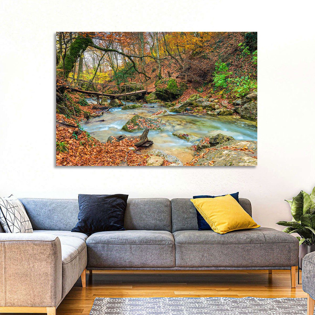 Mossy Footbridge in Autumn Forest Wall Art in a room, landscape