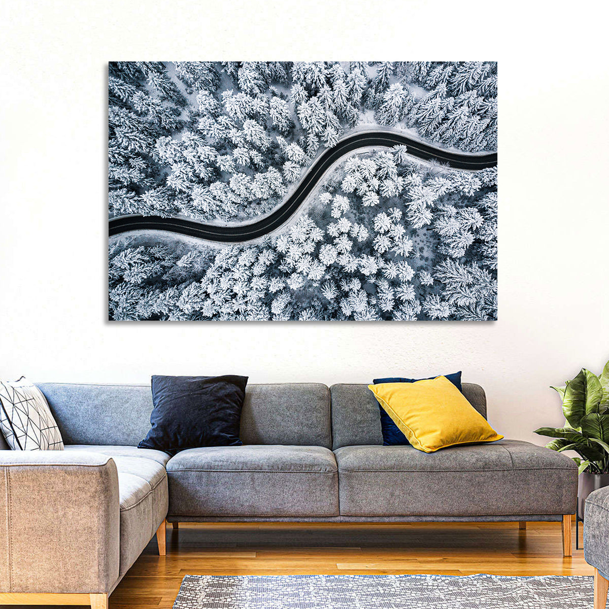 S-curve Winter Forest Road Wall Art in a room, landscape