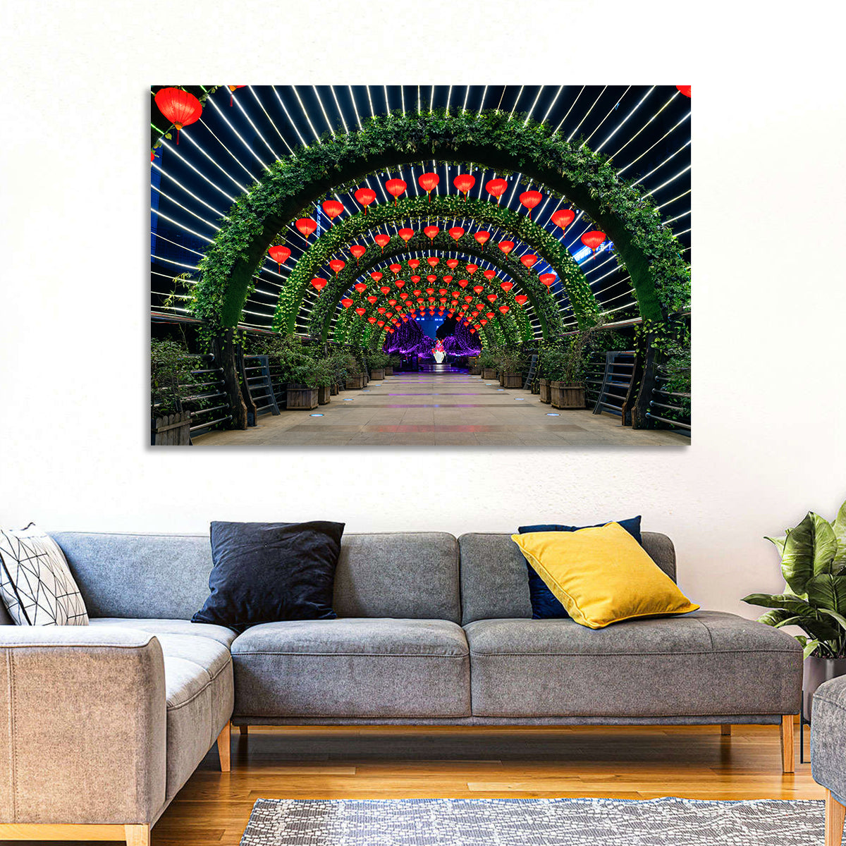 Red Lantern Trellis Tunnel Wall Art in a room, landscape