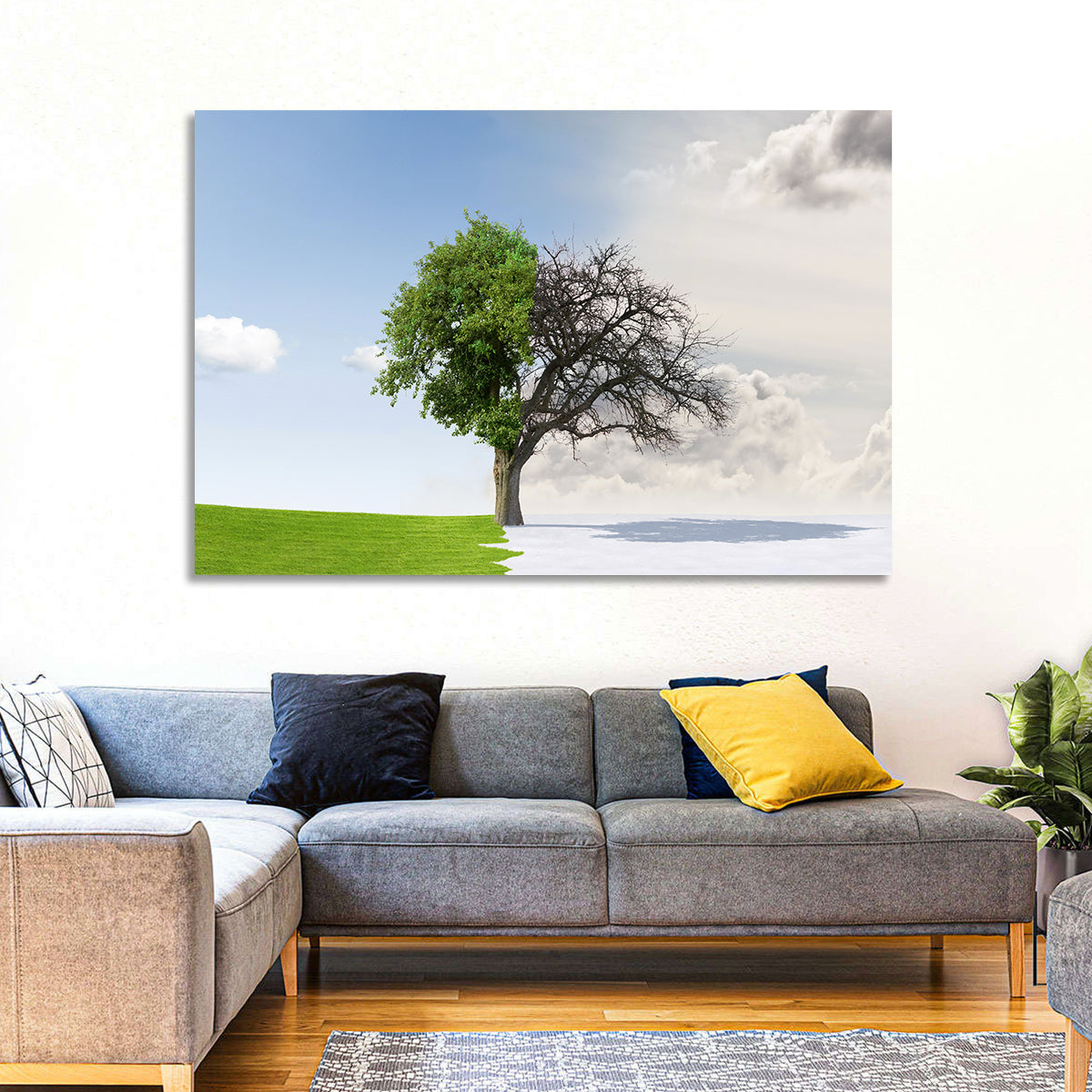 Summer to Winter Split Tree Wall Art in a room, landscape