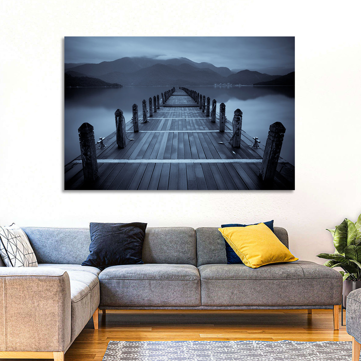 Long Lake Pier at Dusk Wall Art in a room, landscape