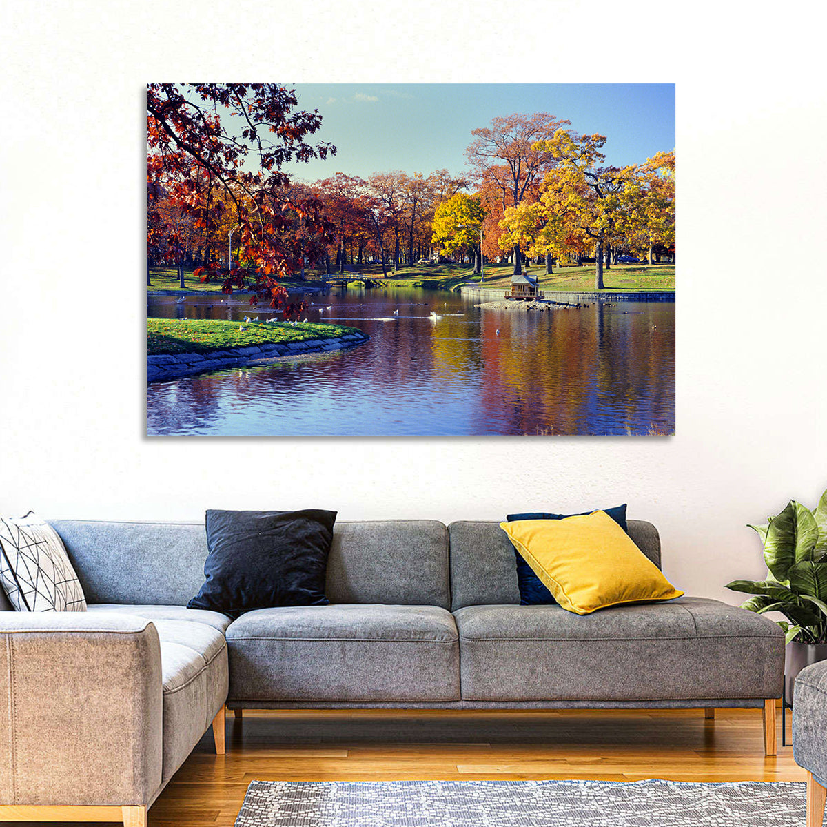 Deering Oaks Autumn Pond Wall Art in a room, landscape