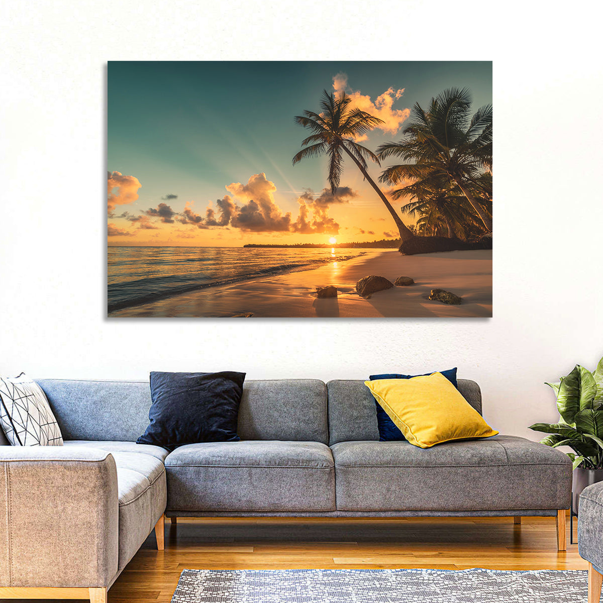 Golden Hour Palm Beach Sunset Wall Art in a room, landscape