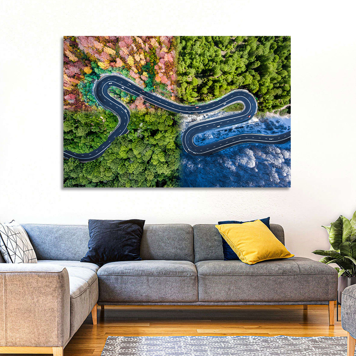 Four Seasons Winding Road Wall Art in a room, landscape