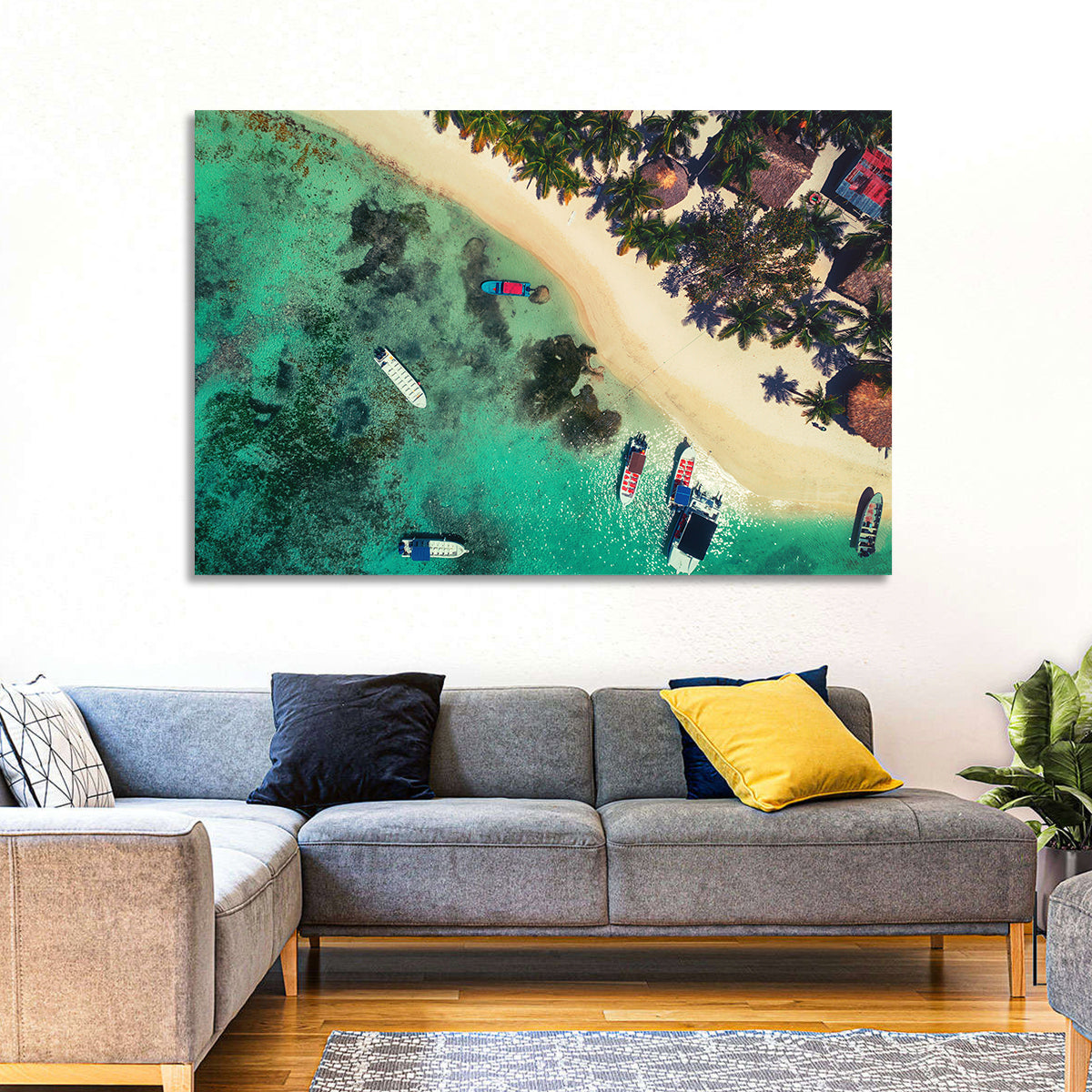 Aerial Tropical Shoreline with Six Boats Wall Art in a room, landscape