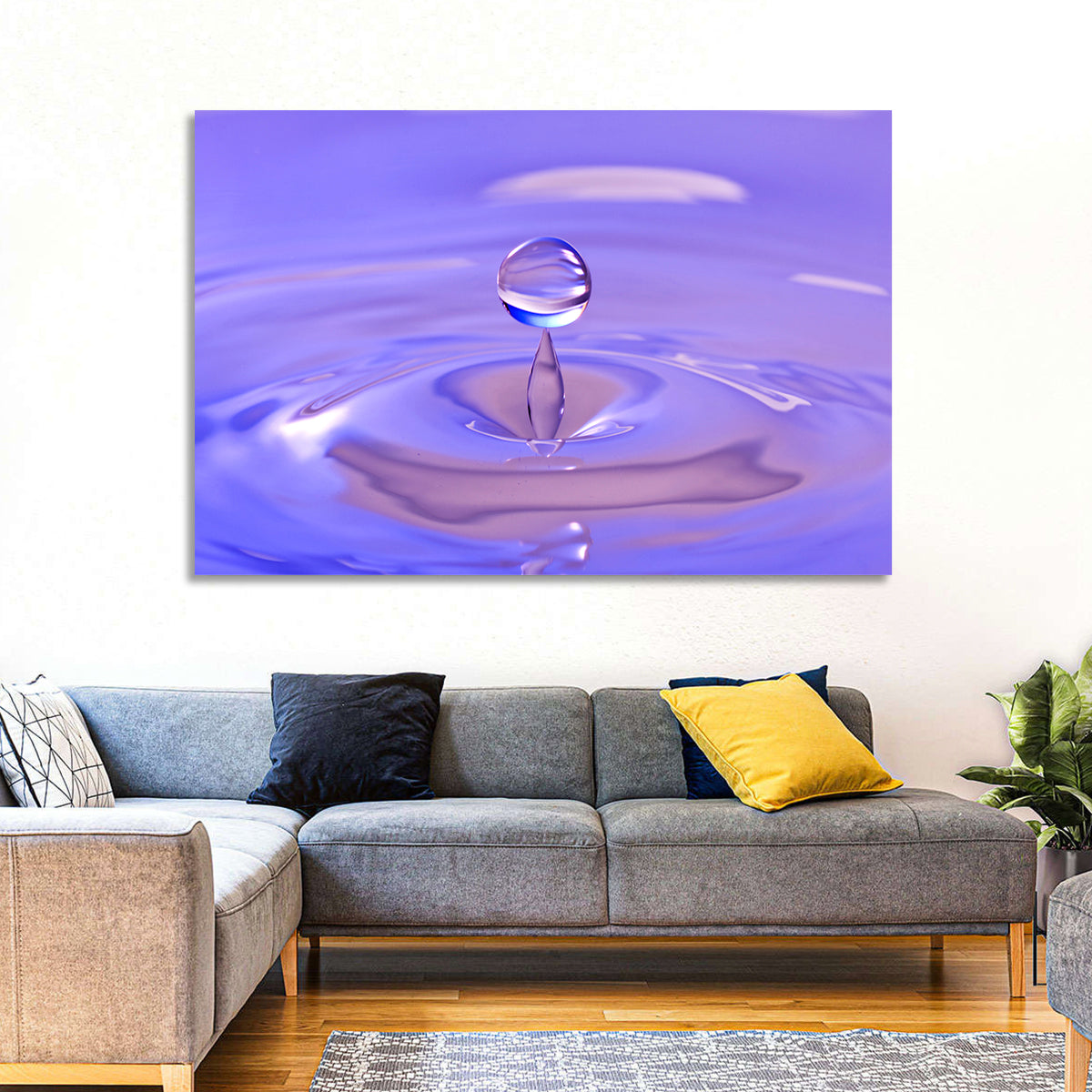 Purple Water Droplet Splash Wall Art in a room, landscape