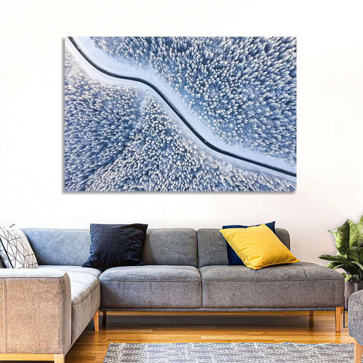 Winding Snowy Forest Road Wall Art in a room, landscape