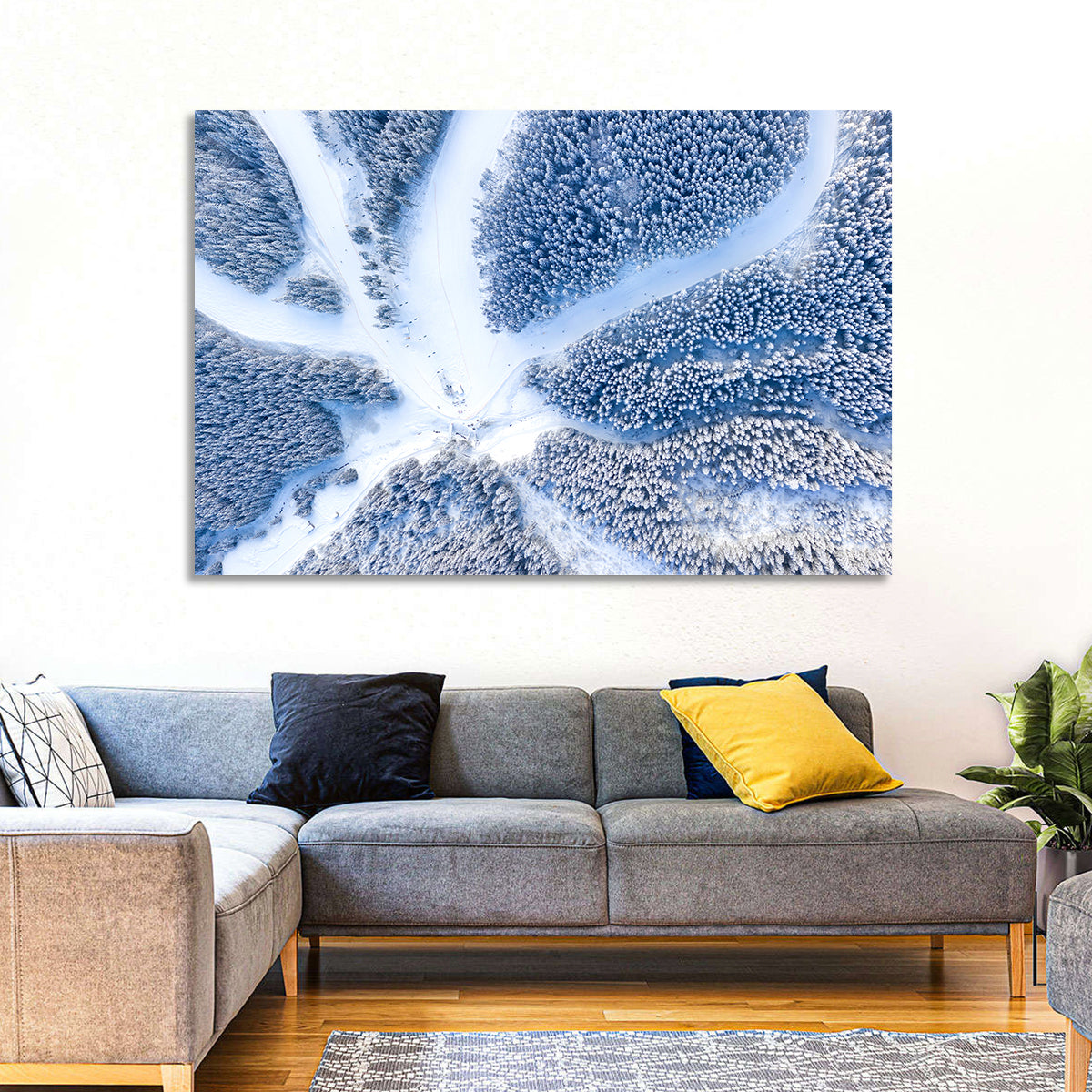 Birds-eye Ski Resort Landscape Wall Art in a room, landscape