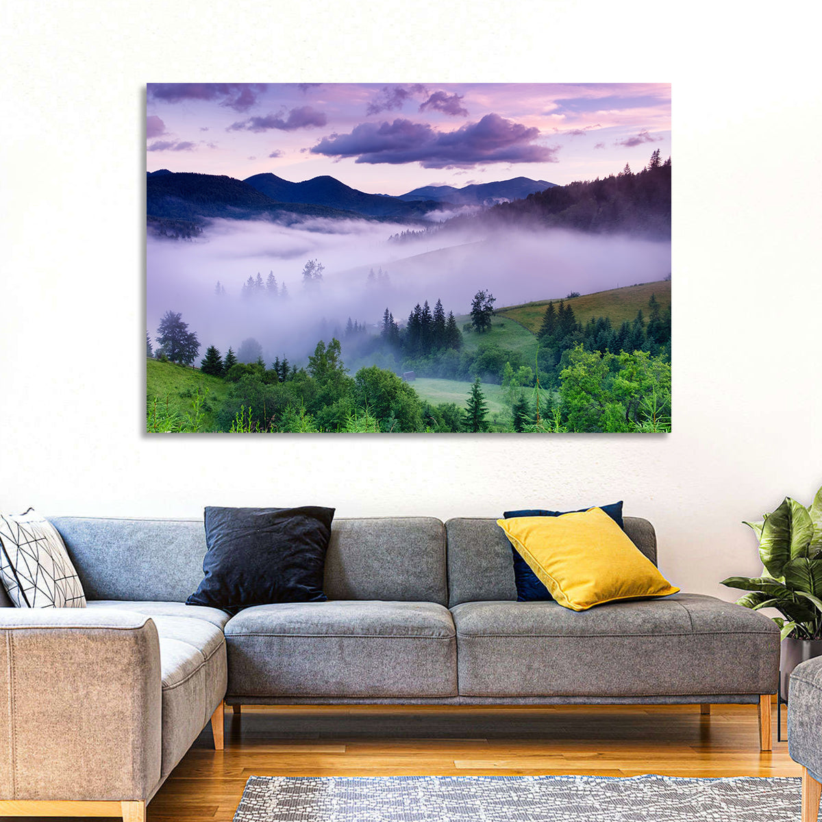 Misty Mountain Valley at Twilight Wall Art in a room, landscape