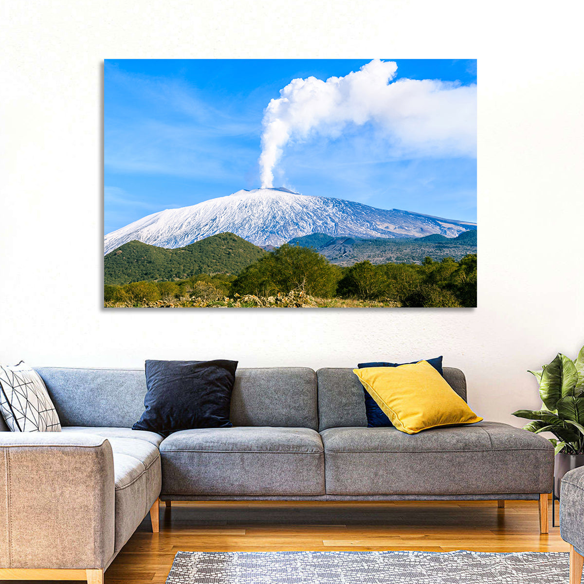 Snow-capped Mount Etna with Volcanic Plume Wall Art in a room, landscape