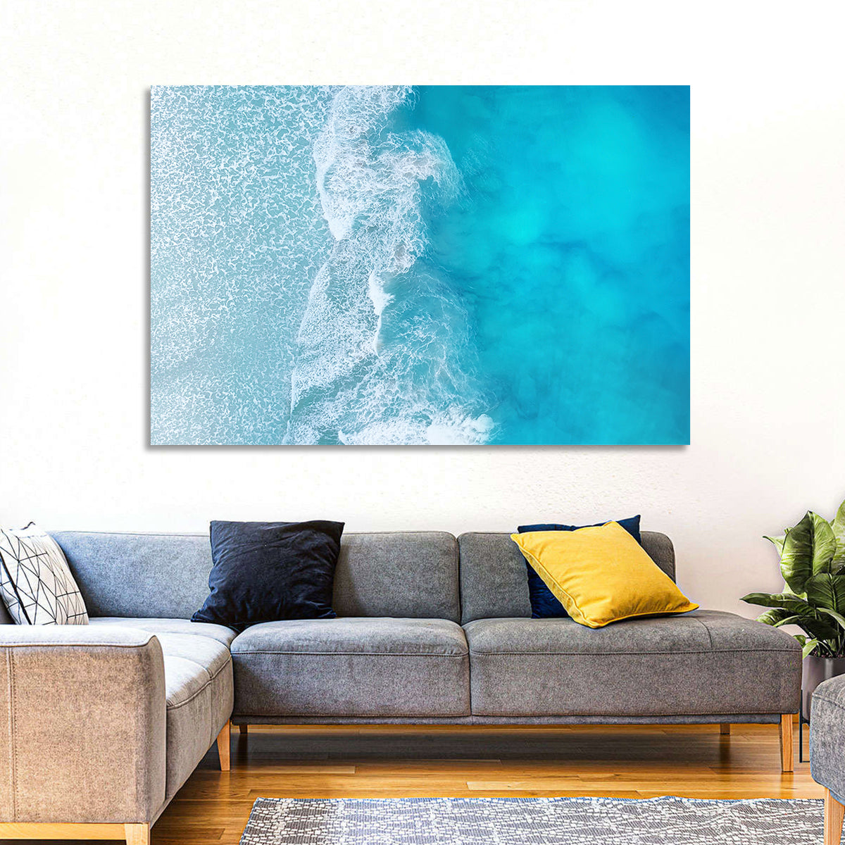 Turquoise Aerial Ocean Waves Wall Art in a room, landscape