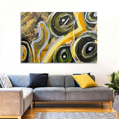 Impasto Swirl Circles in Yellow and Black Wall Art