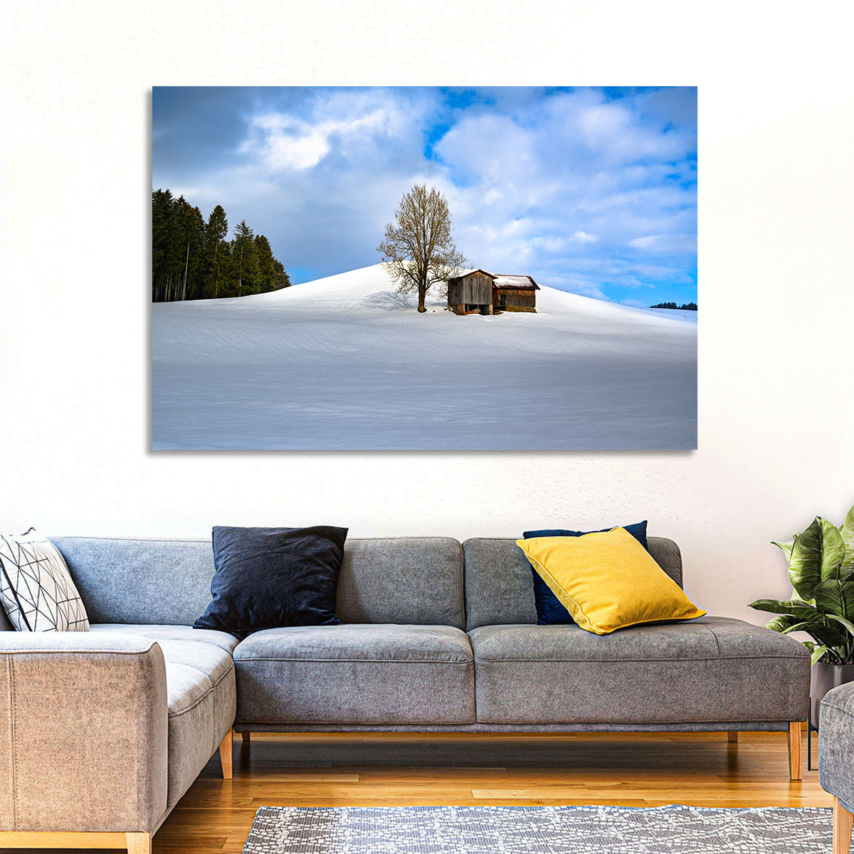 Rustic Barn on a Snowy Hill Wall Art in a room, landscape