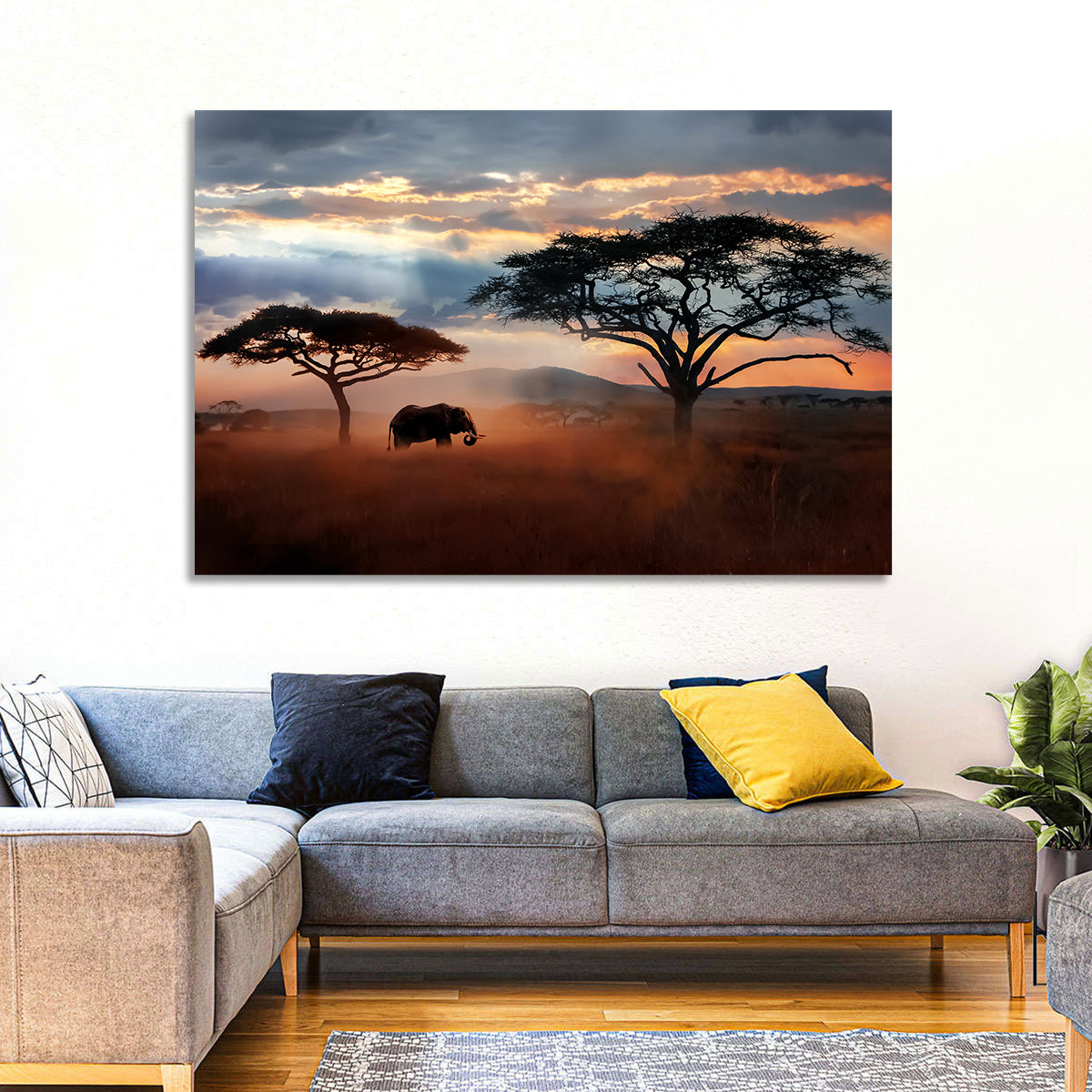 Savanna Elephant at Sunset Wall Art in a room, landscape