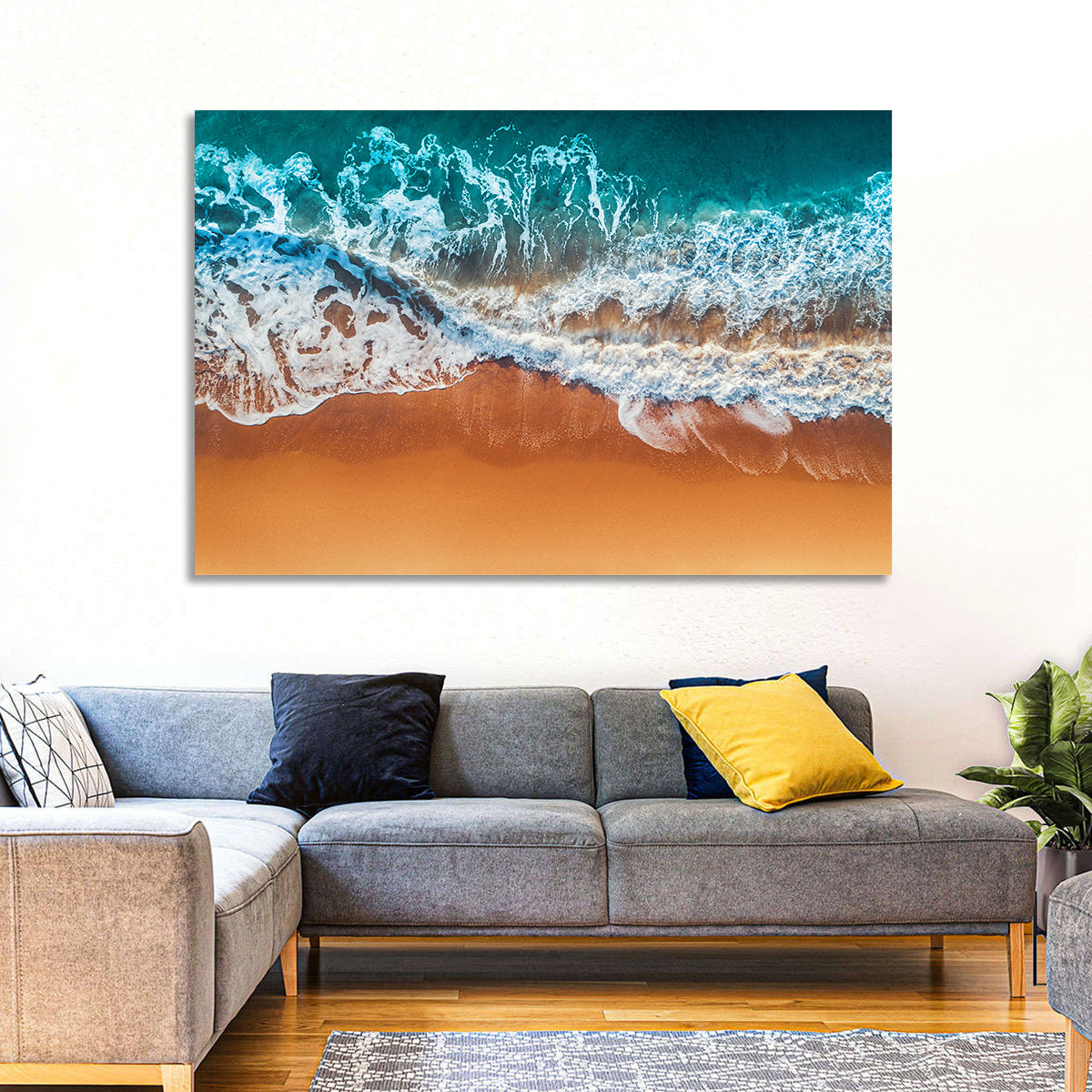 Aerial Beach Waves Wall Art in a room, landscape