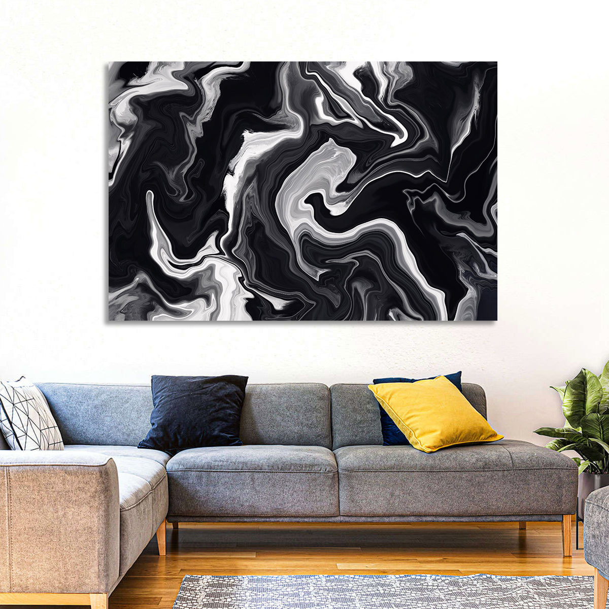 Flowing Black Marble Abstract Wall Art in a room, landscape