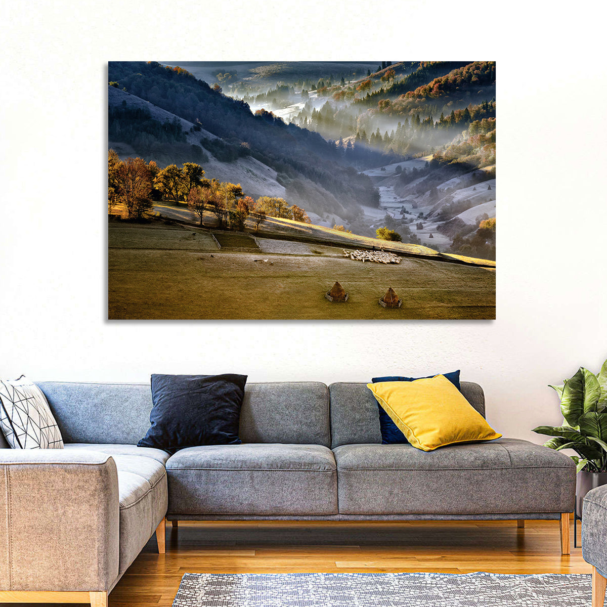 Mountain Village in Morning Mist Wall Art in a room, landscape