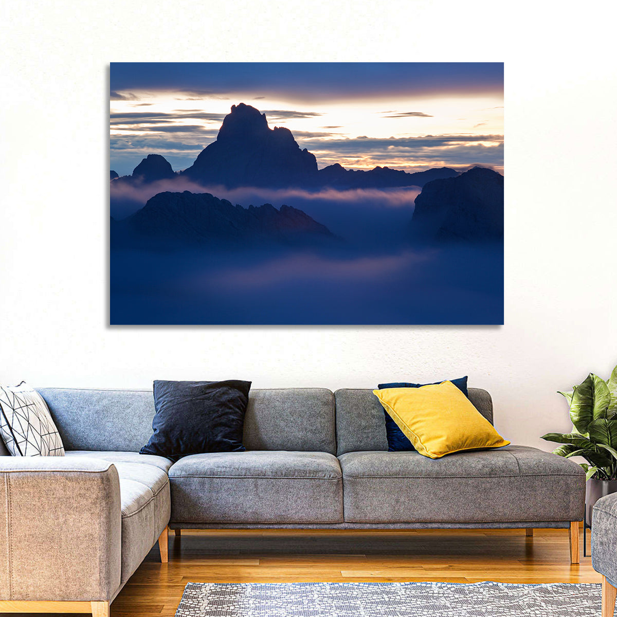 Dolomites Sunrise Silhouette Wall Art in a room, landscape
